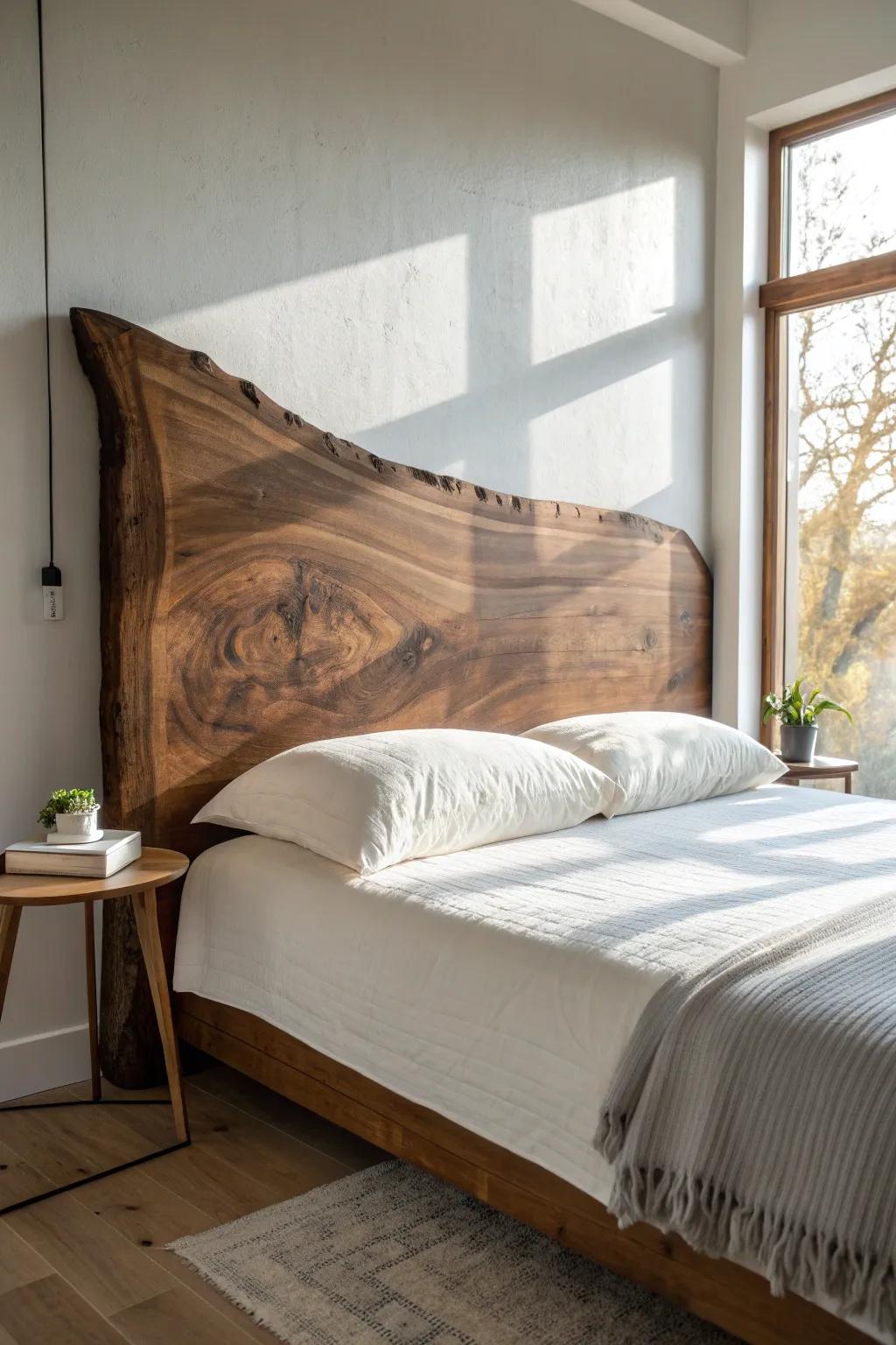 A sculptural live-edge walnut headboard that adds rustic warmth—clean, calm, and unique.