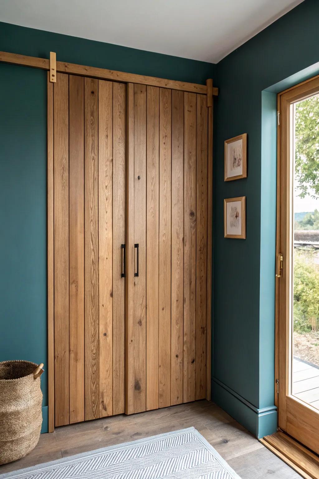 Vertical slat wardrobe door front in reclaimed oak—clean lines, rich texture, bold contrast.