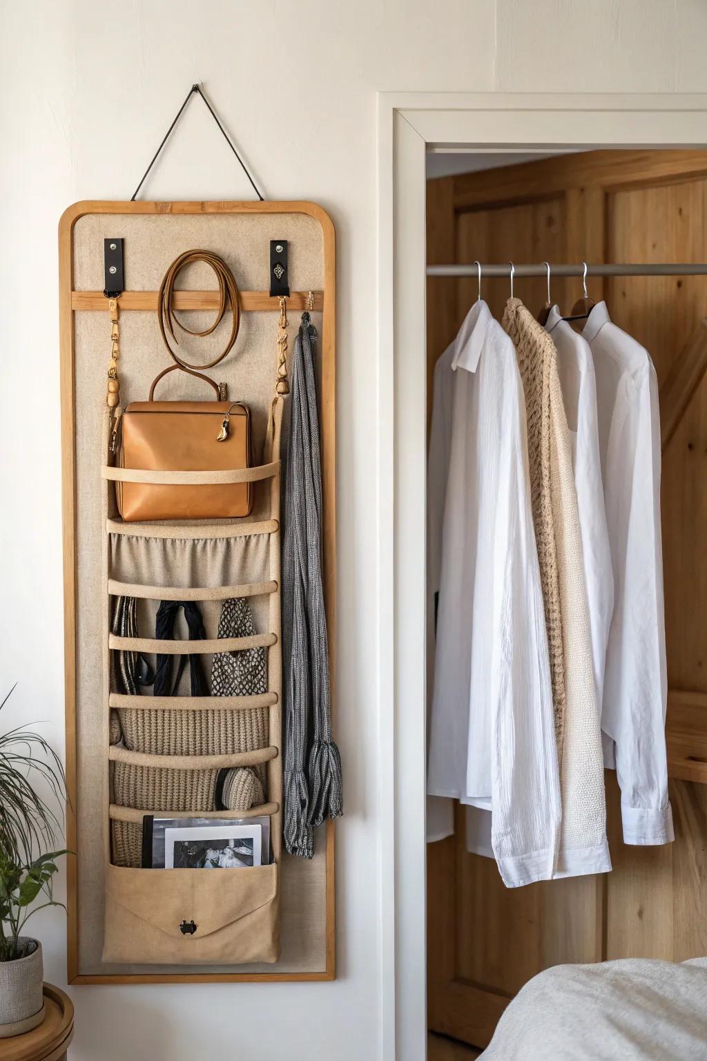 Use the wardrobe door for chic hang storage—belts, scarves, and bags stay visible.