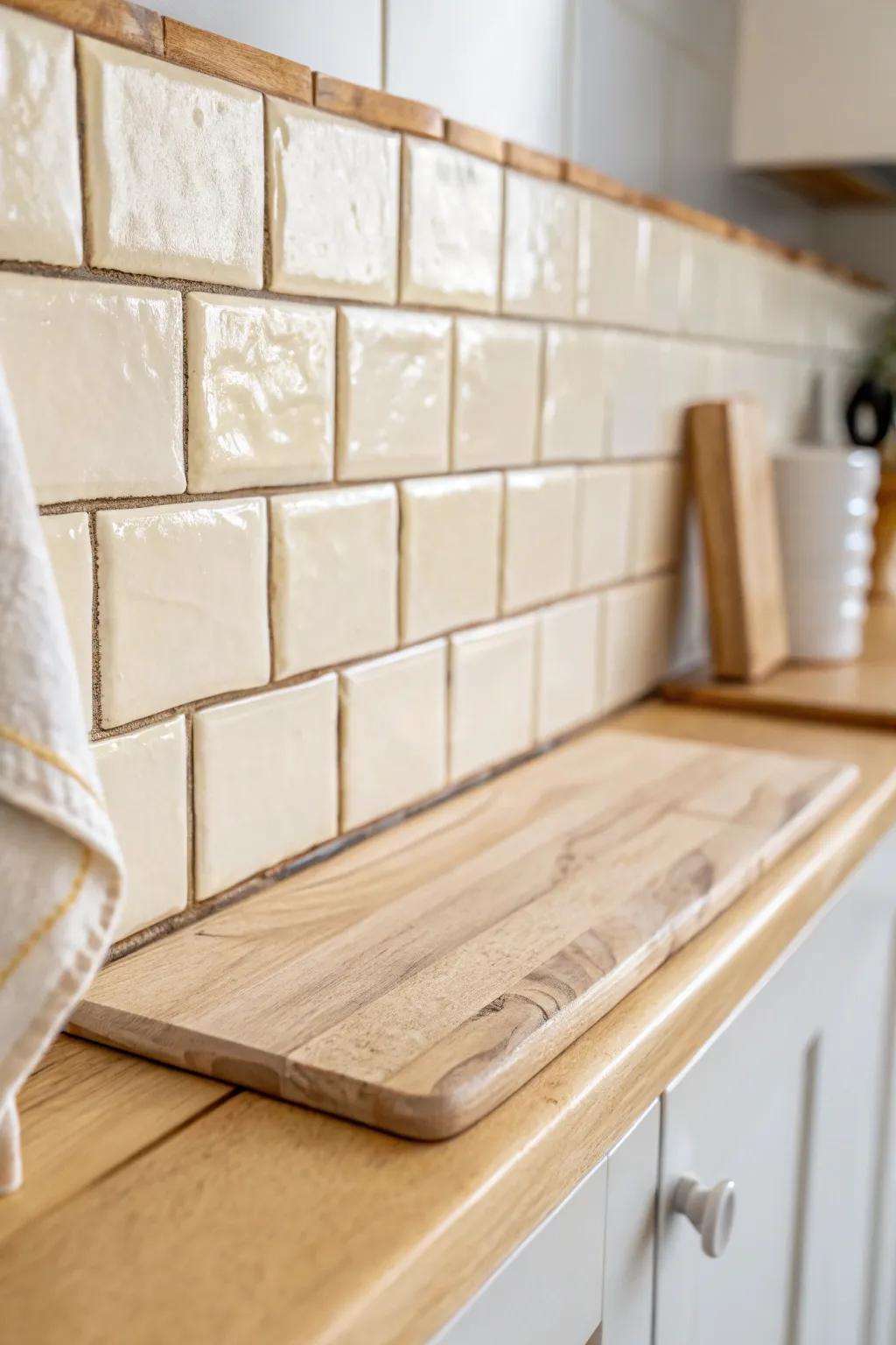 Cream tile adds cozy warmth—soft texture, handcrafted charm, and a calmer warm-white kitchen.