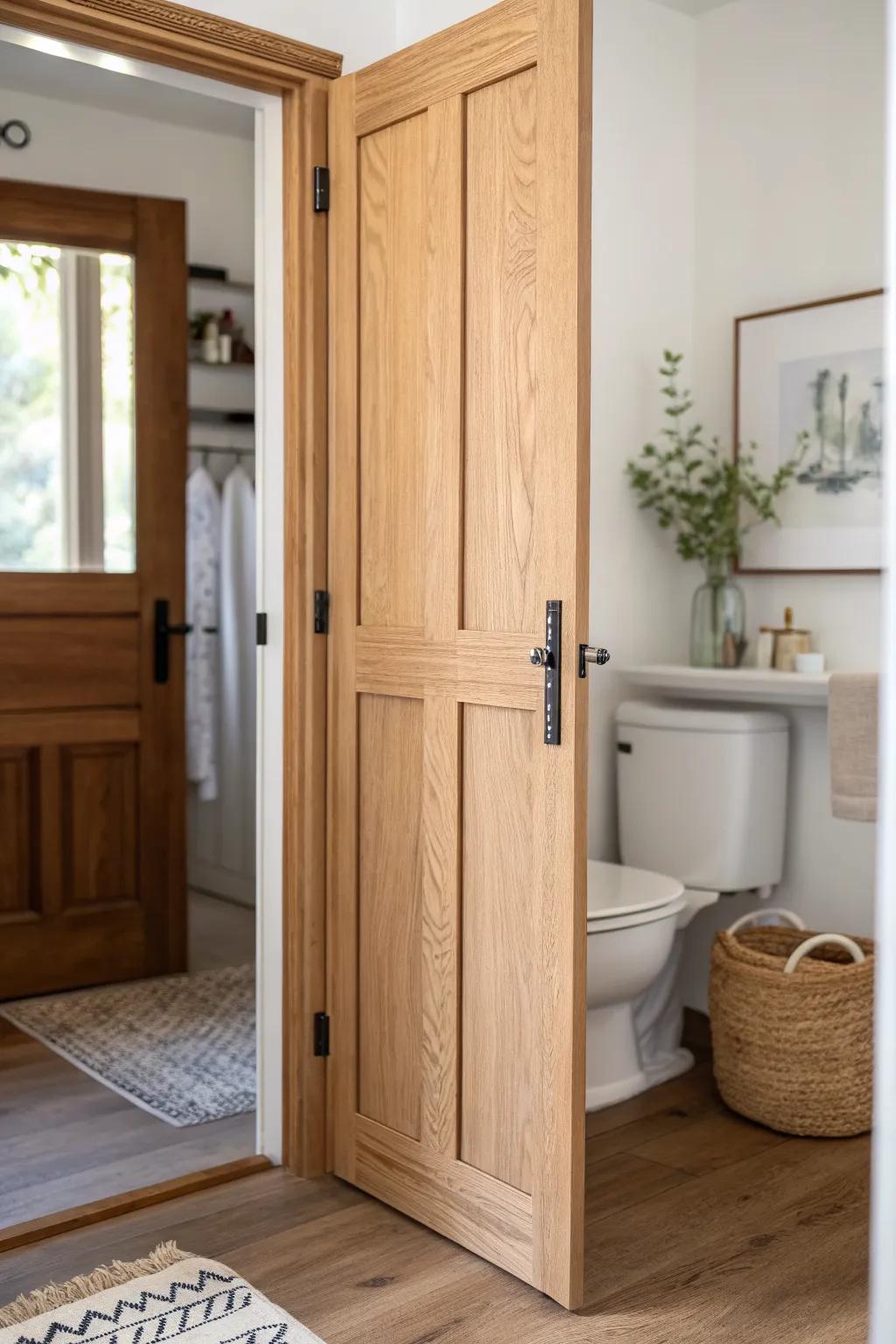 A bi-fold door that folds clear—no more knocking the toilet or fixtures in tight water closets.