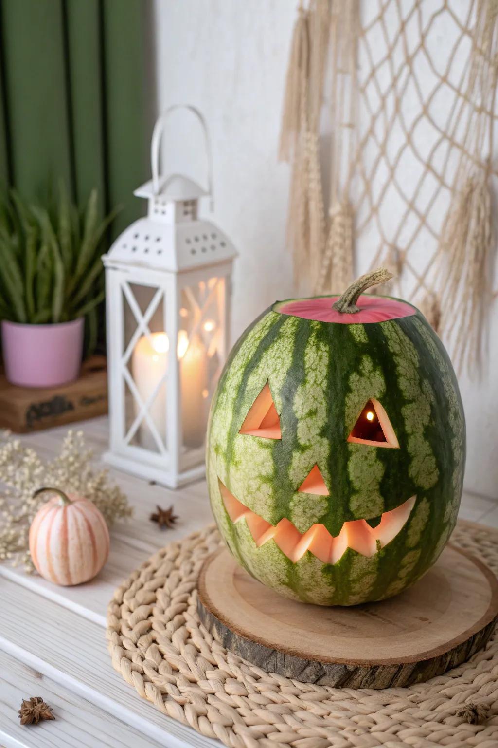 Illuminate your Halloween with the charming glow of a handmade watermelon lantern.