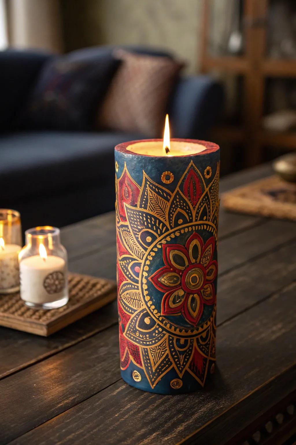 Illuminate your space with this handcrafted masterpiece: a hand-painted candle that combines art with elegance.