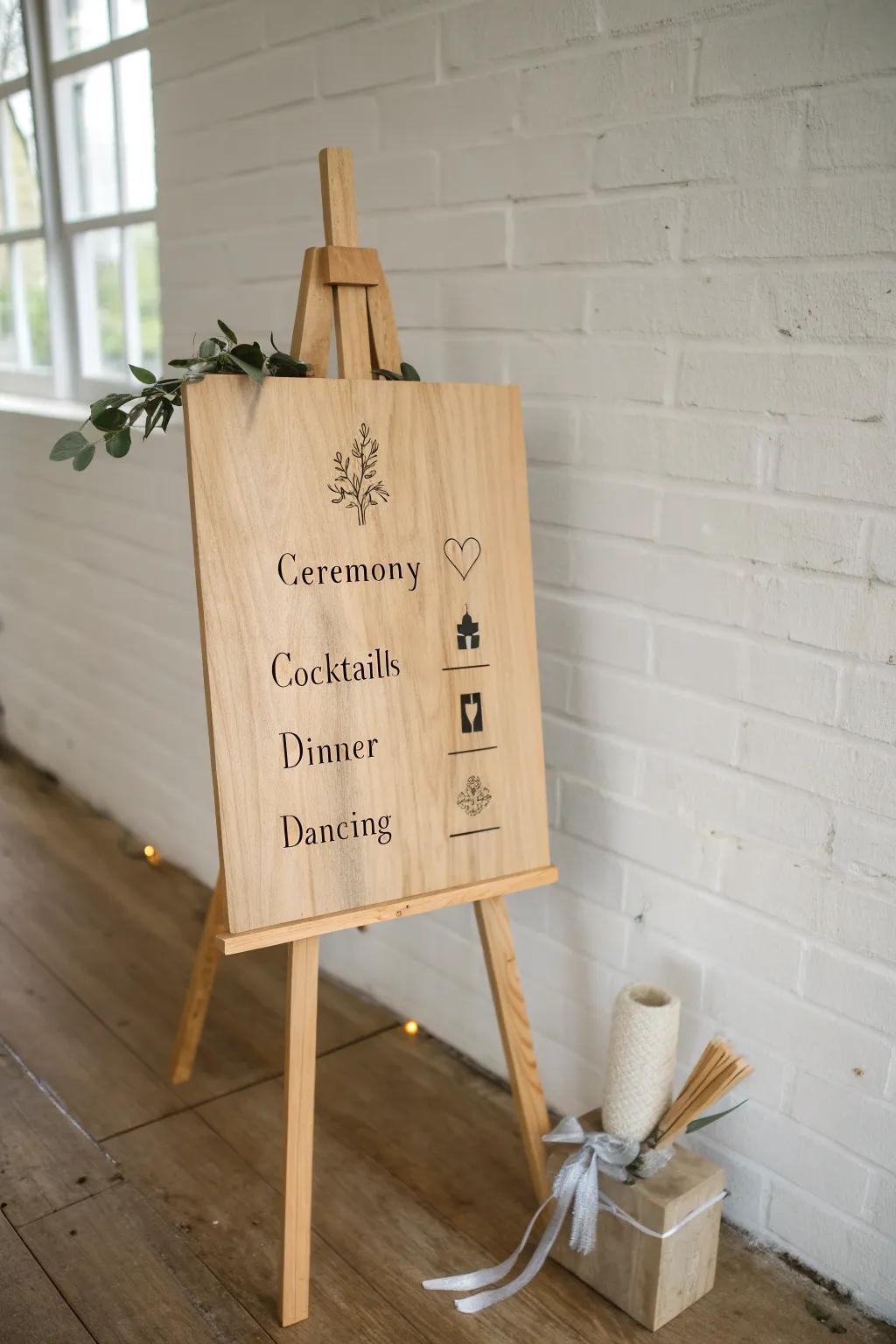 A handcrafted wedding timeline board on a sturdy easel—clear, calm, and beautifully minimal.