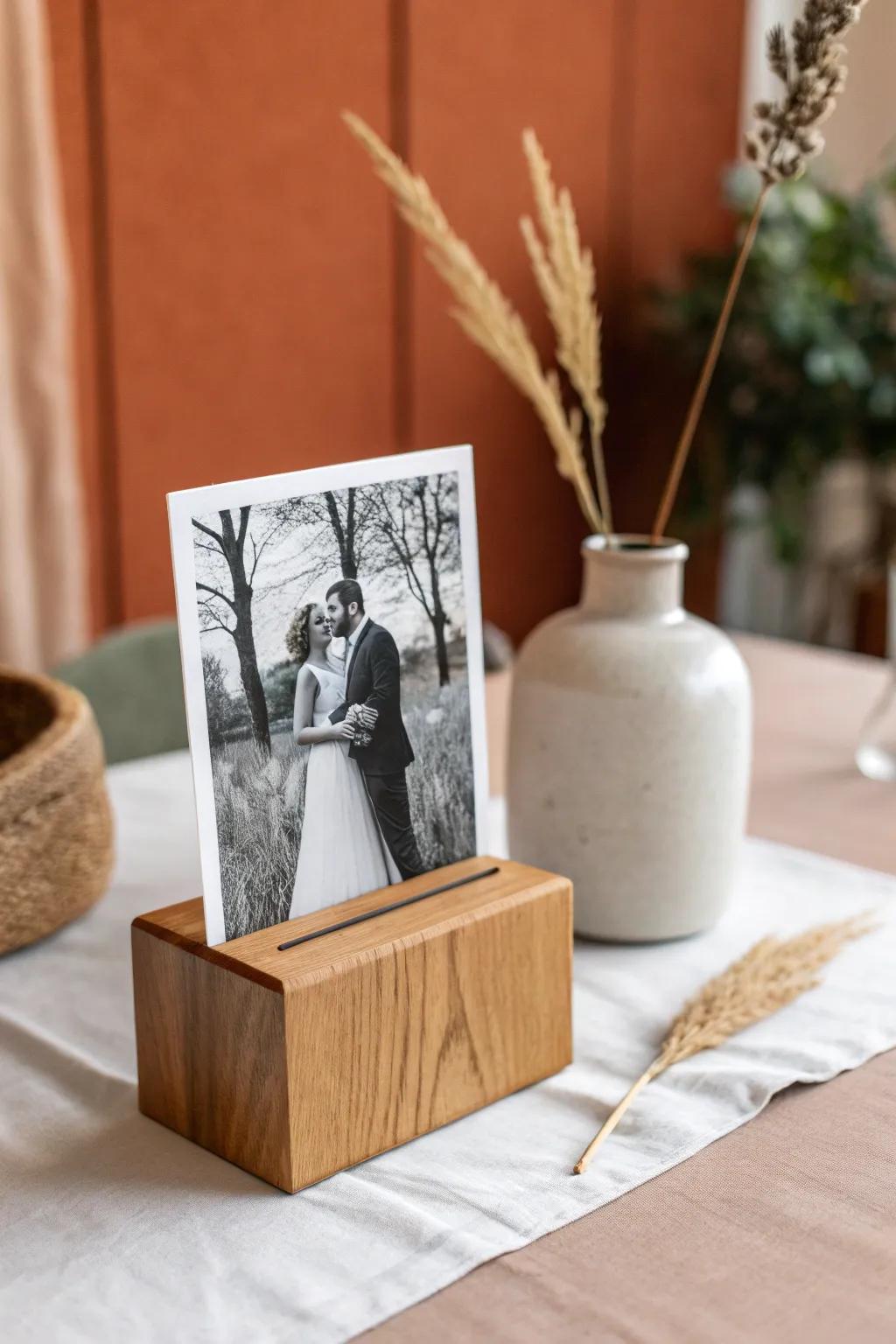 A clean, modern wood block holder that makes wedding photos feel intentional and timeless.