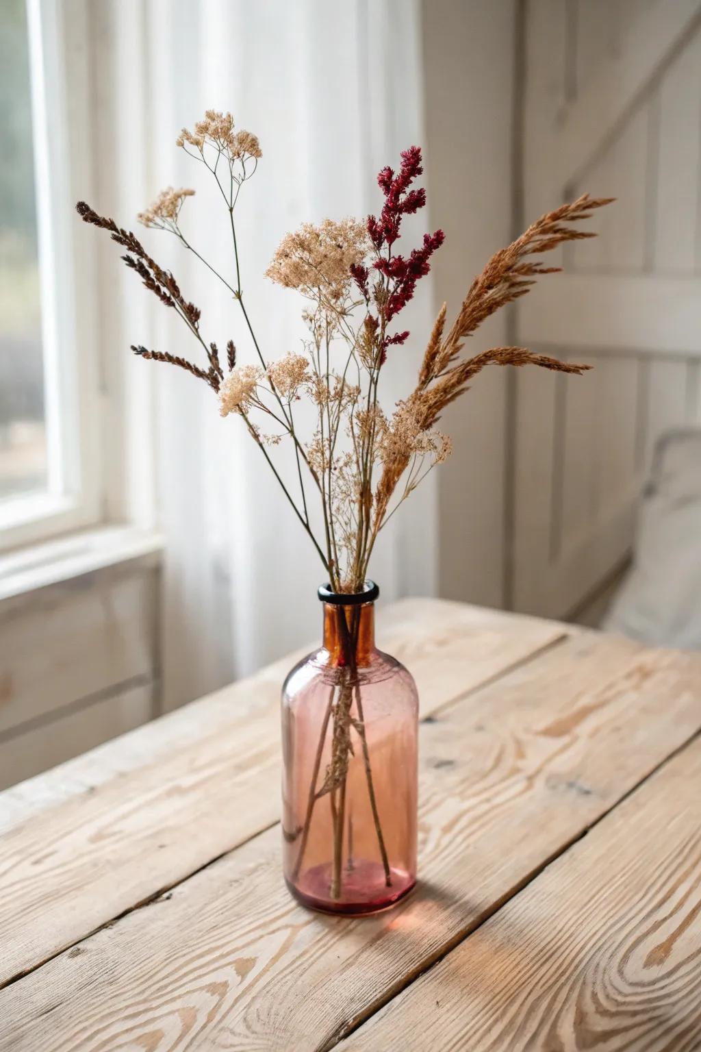 Spray-tinted vintage bottle vase on a pale wood table—effortless, curated wedding florals.