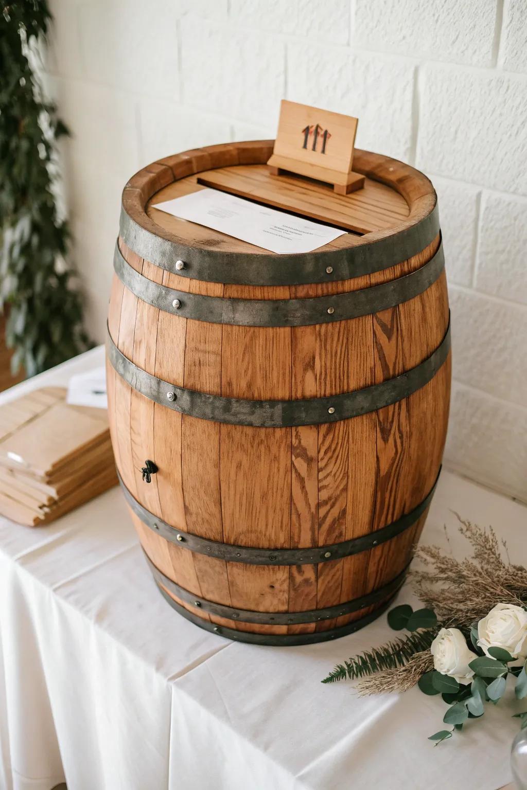Rustic barrel wishing well with sleek slot lid—Scandi-minimal charm for wedding cards.