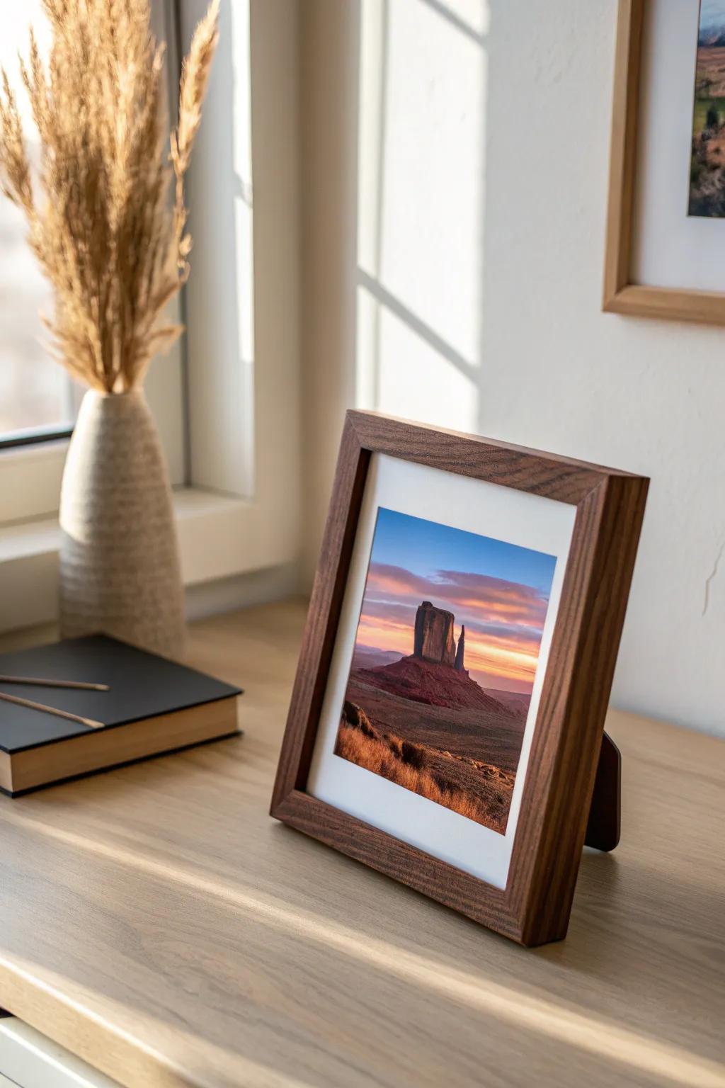 A simple dark wood frame makes a western landscape print feel modern, calm, and curated.