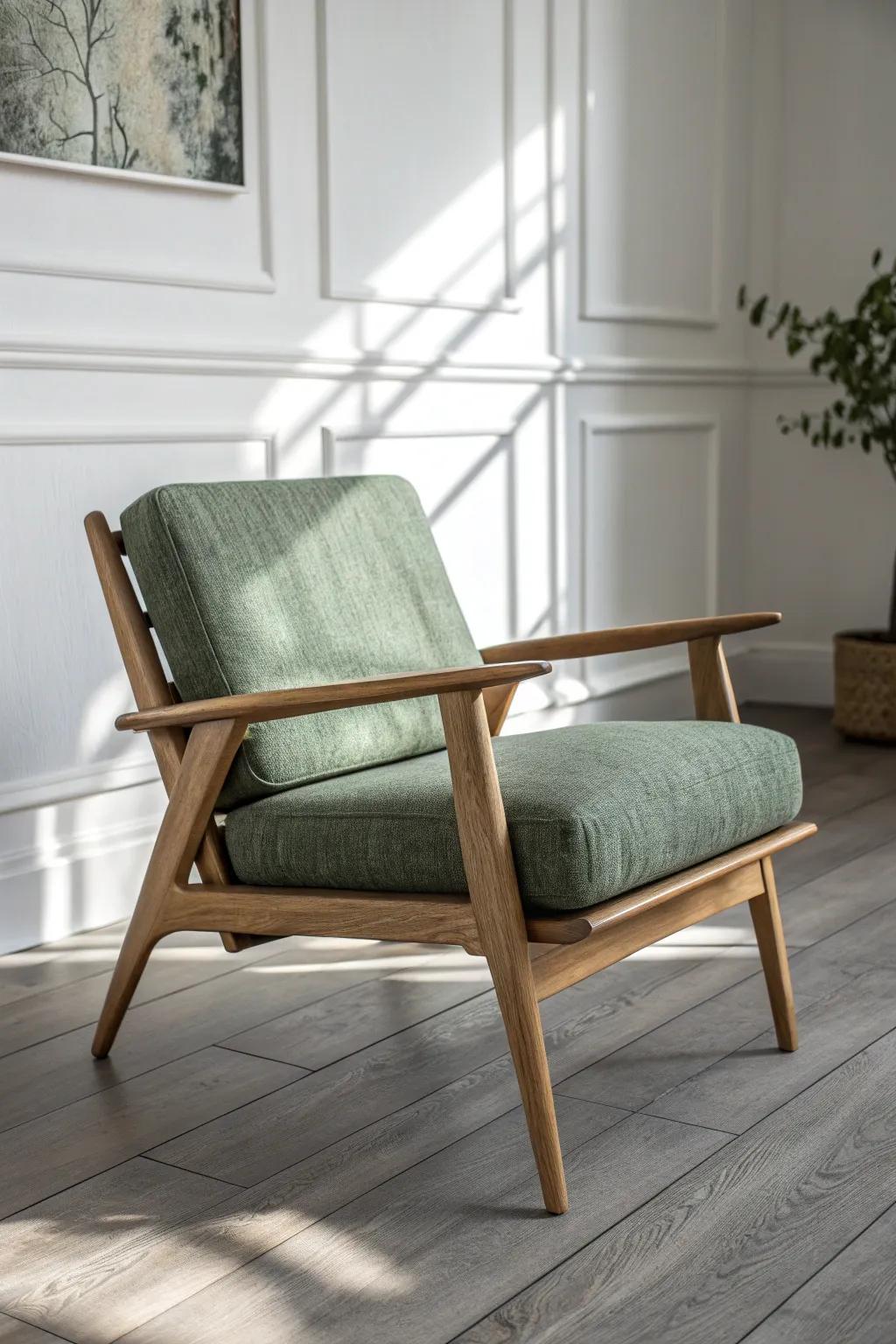 Sage green upholstery brings warmth and life to gray floors—clean, calm, and beautifully natural.