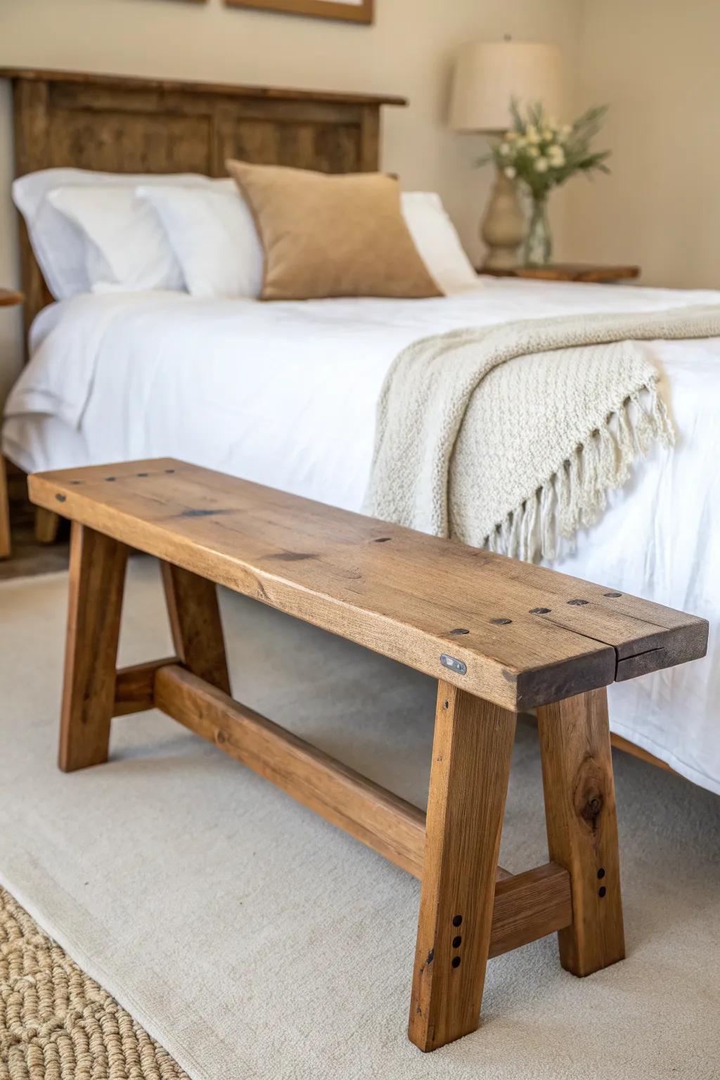 Rustic reclaimed-wood bench in rich brown—perfect contrast against a clean white bed.