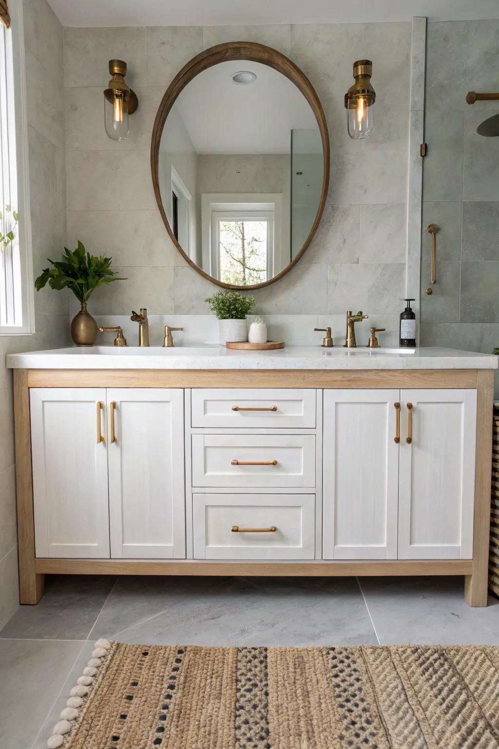 Long white double-sink cabinet run with symmetrical drawers—calm, practical, and beautifully crafted.