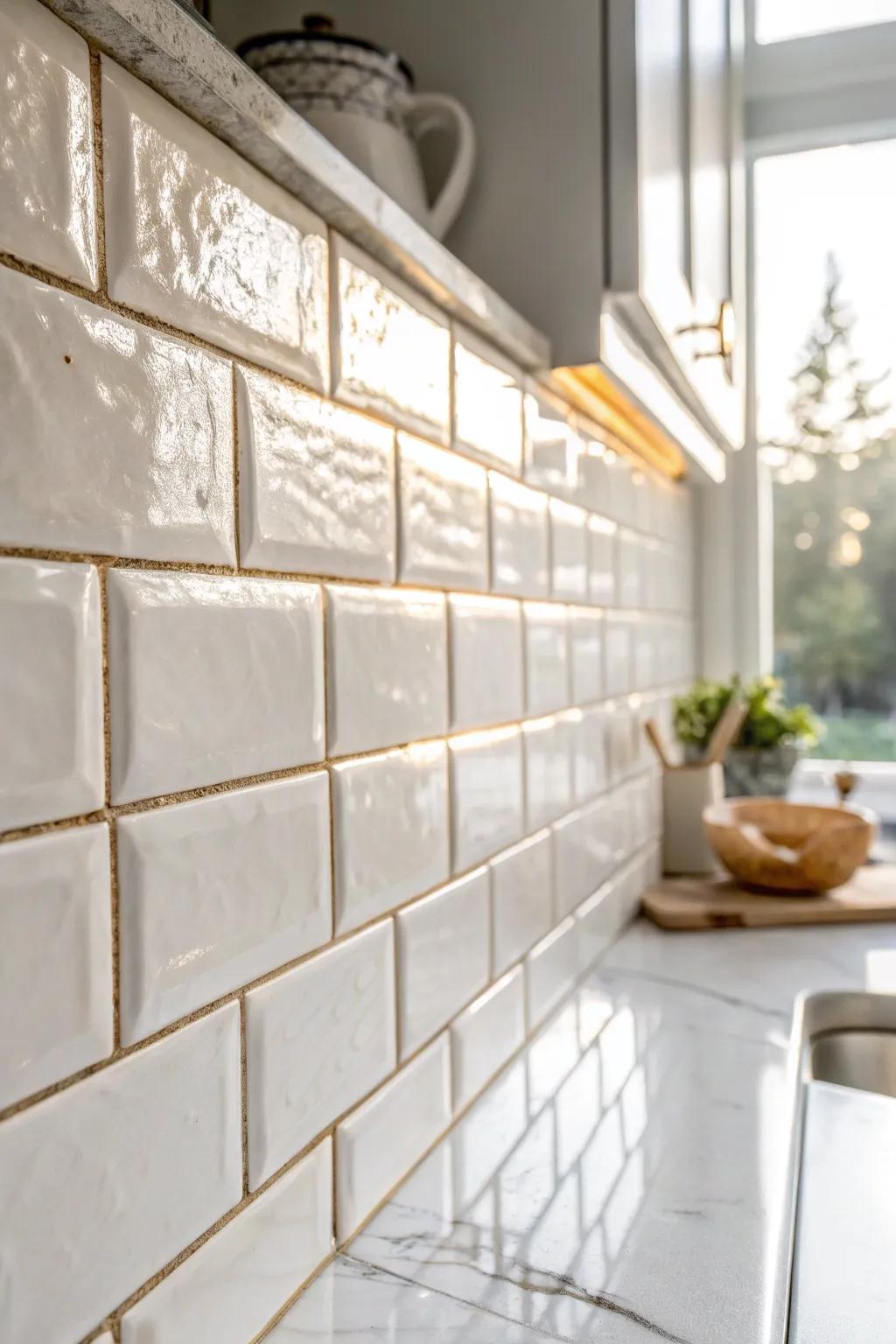 Glossy handmade-look tiles add warmth and sparkle to all-white cabinets and countertops.