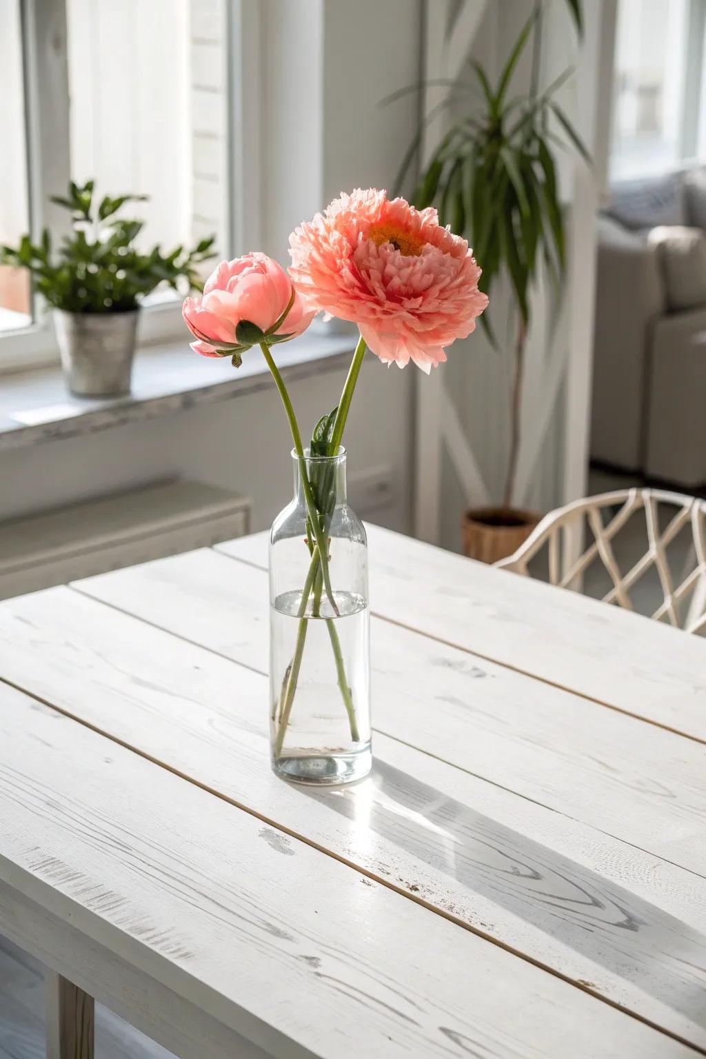 Clear glass centerpiece keeps your white dining table airy—add one bold bloom for contrast.