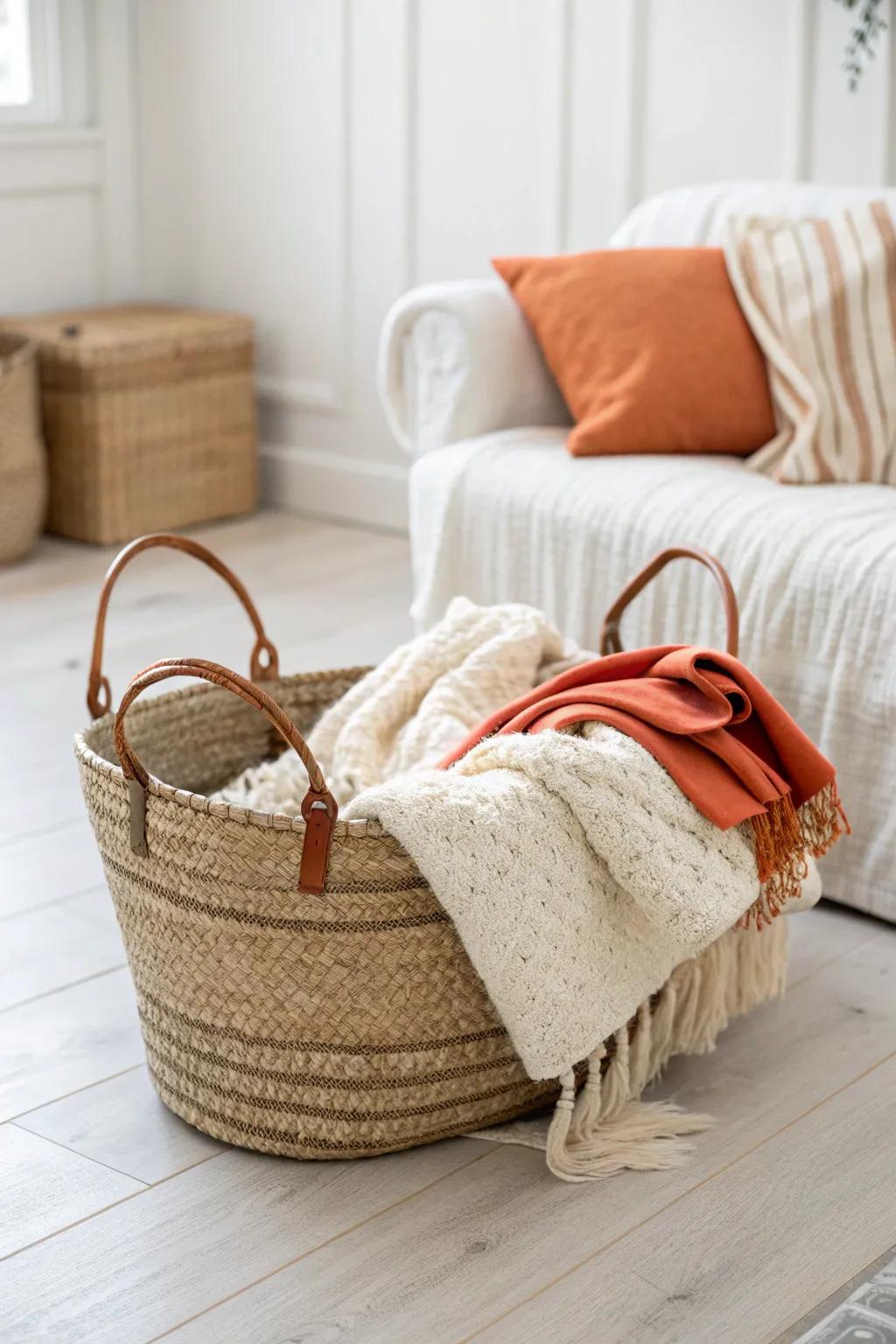 A handwoven basket of cozy throws—simple farmhouse texture for an airy white living room.