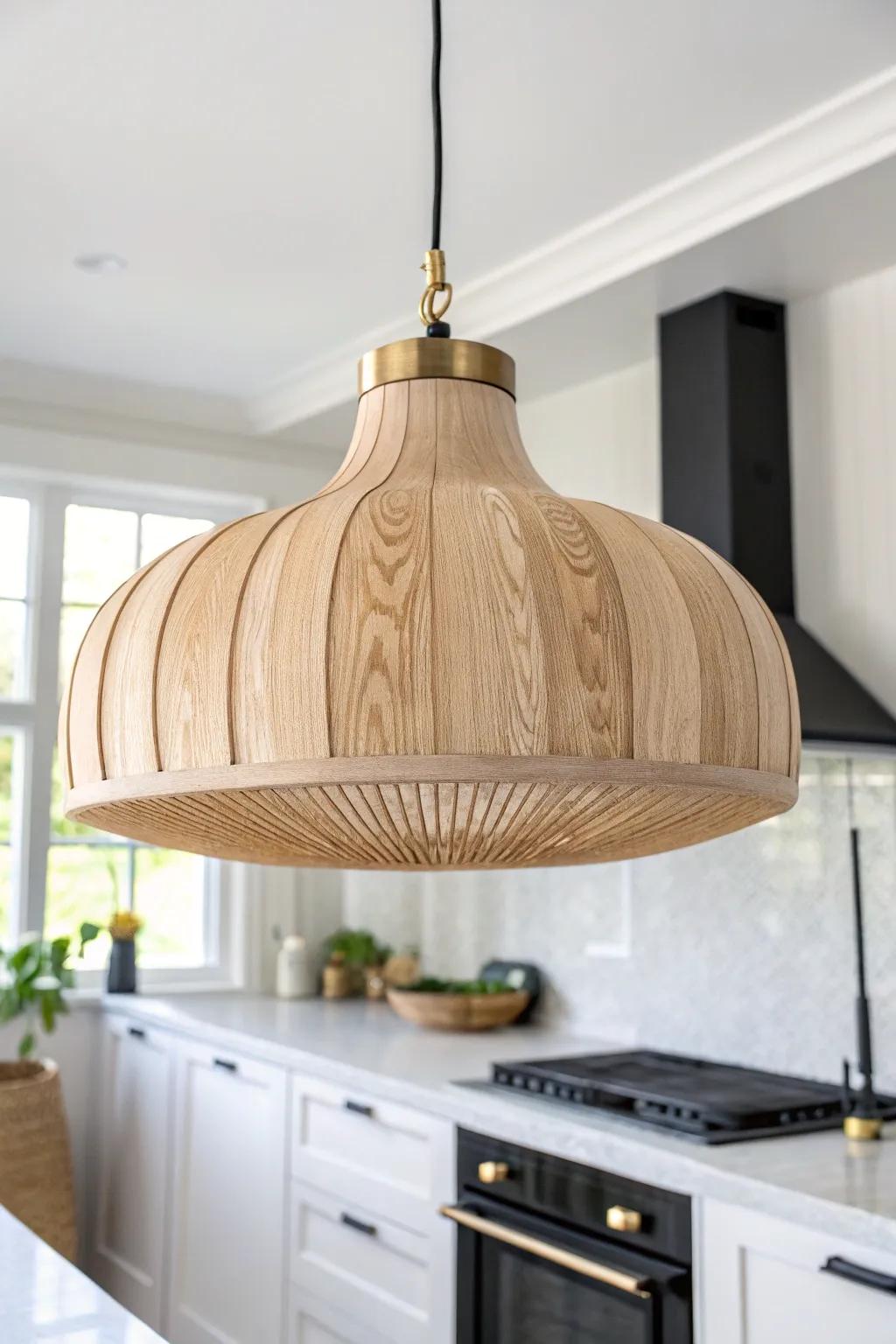 Oversized artisan pendant light softens a black island in a crisp white kitchen.