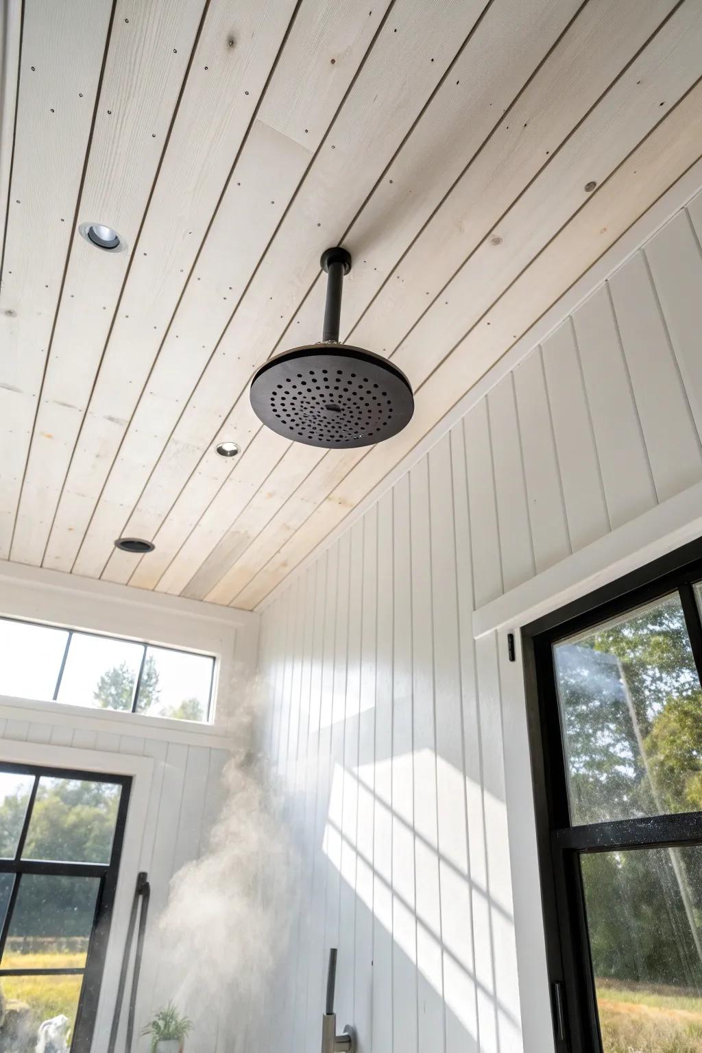White plank spa ceiling above the shower—fresh, bright, and moisture-smart Scandinavian calm.