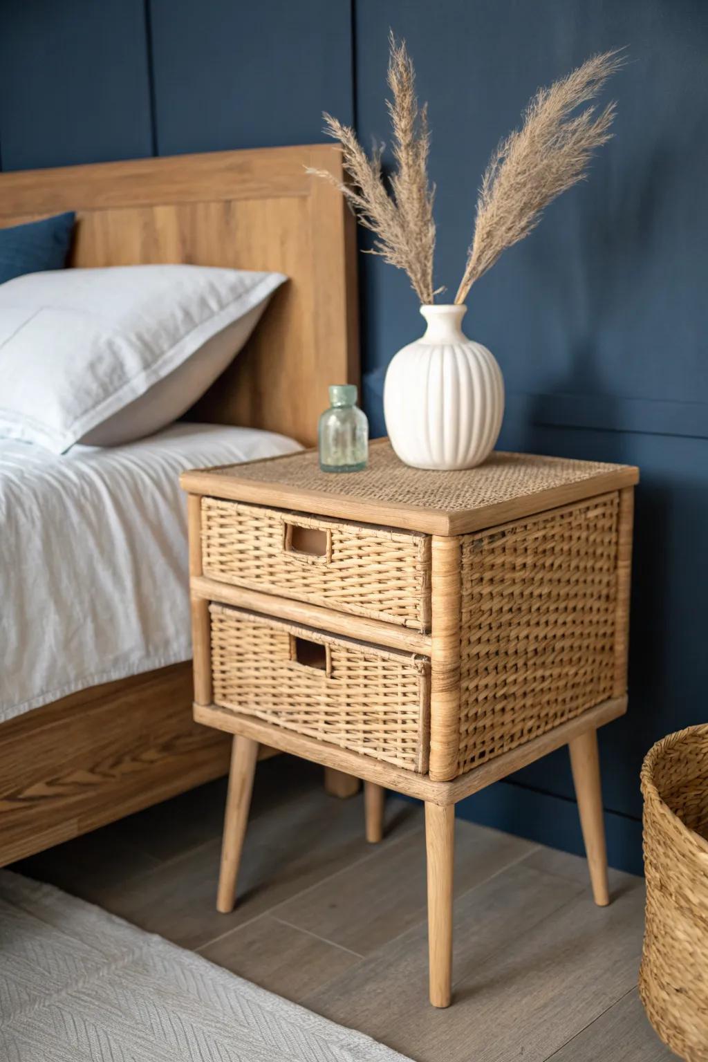 A light, handwoven wicker side table that balances rich wood tones with airy texture.