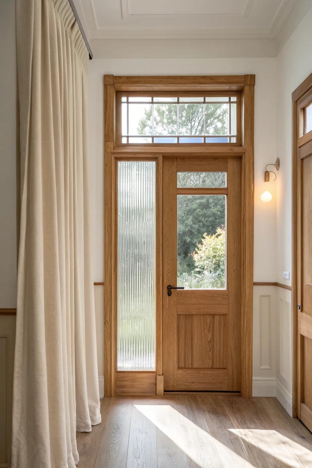 Faux oak transom with reeded glass brings old-house charm and light to a wide doorway.