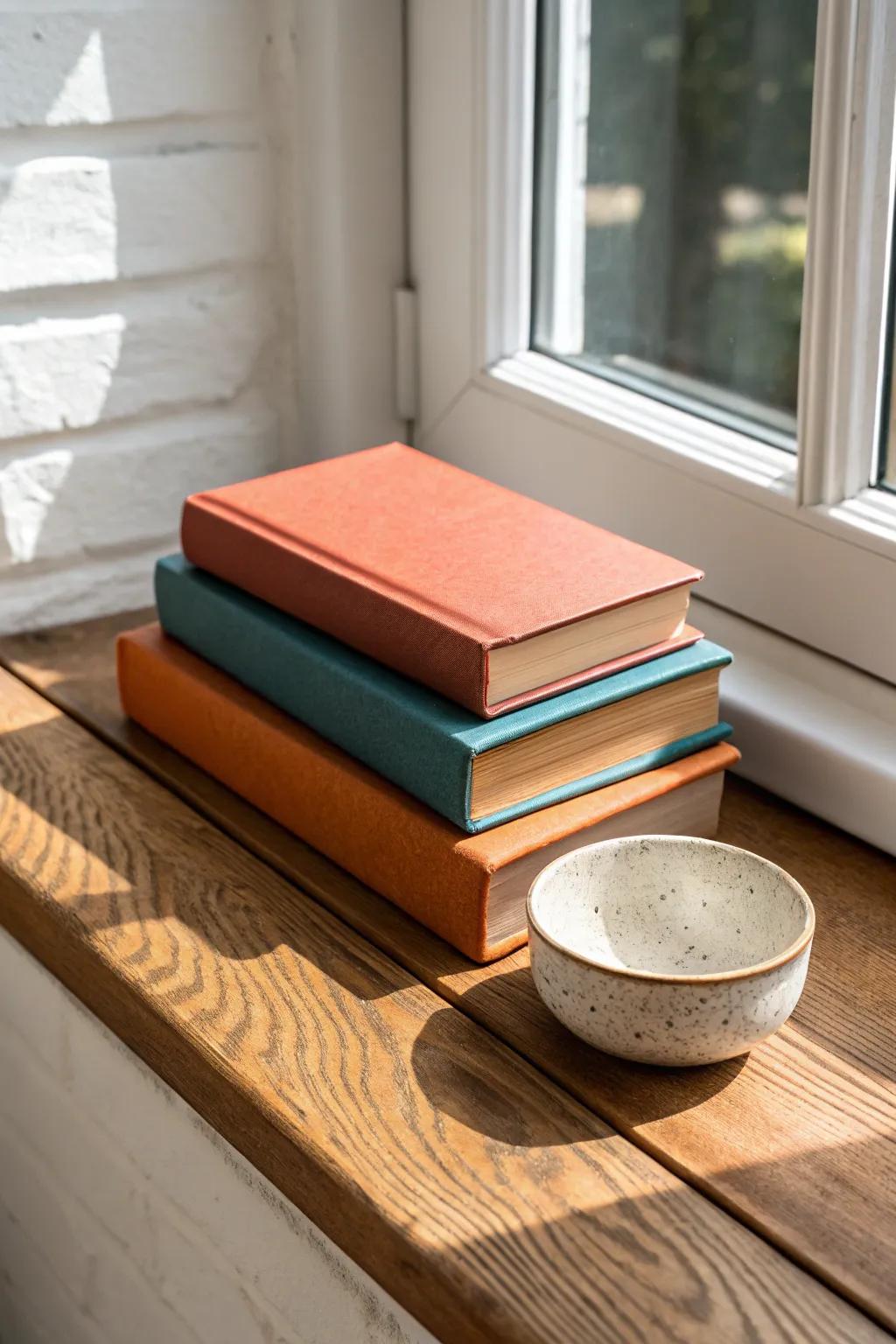 Stack pretty books on the sill as a pedestal—simple, boho, and sunlit Scandinavian charm.