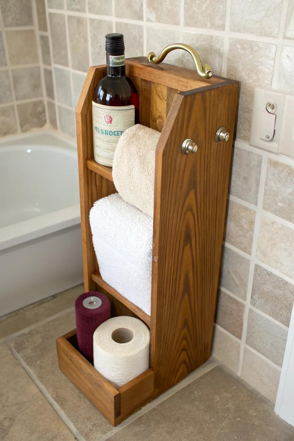 A sealed wine box turned towel caddy—warm wood grain, crisp linens, and spa-like order.