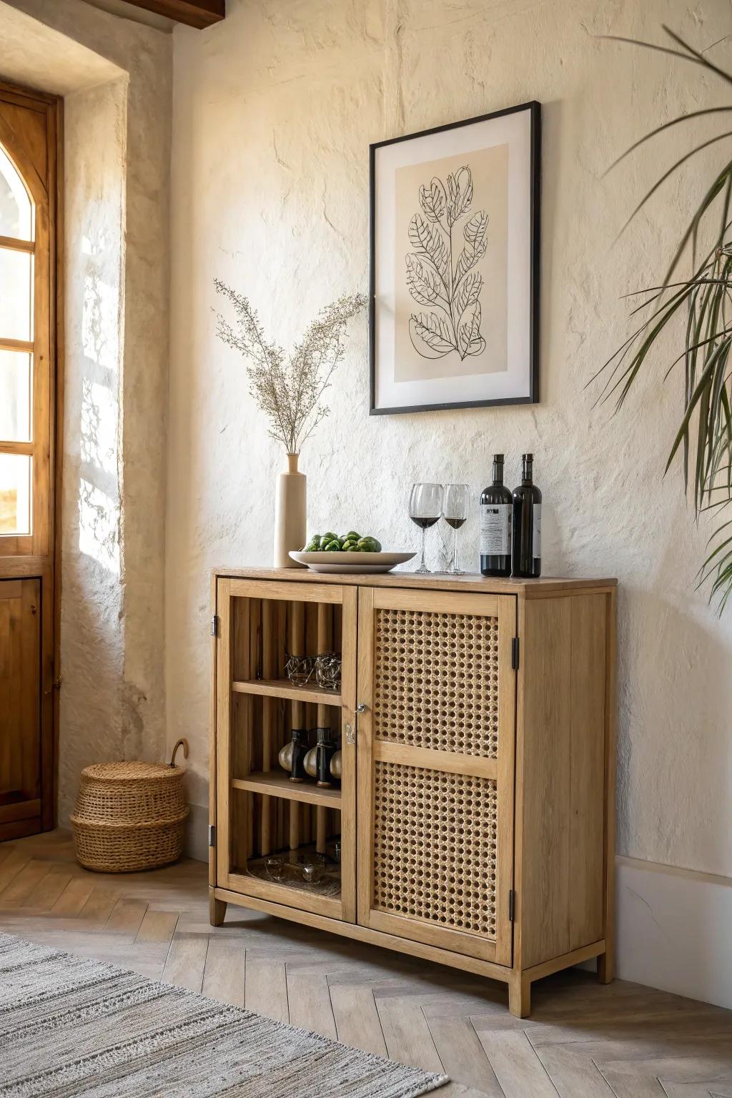 One framed line-art piece above your wine cabinet makes the whole corner feel finished.