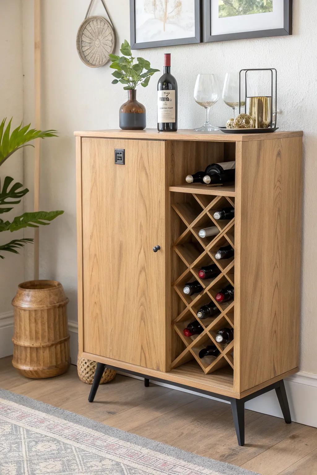 Angled label-forward shelf turns favorite bottles into a chic gallery inside your cabinet.