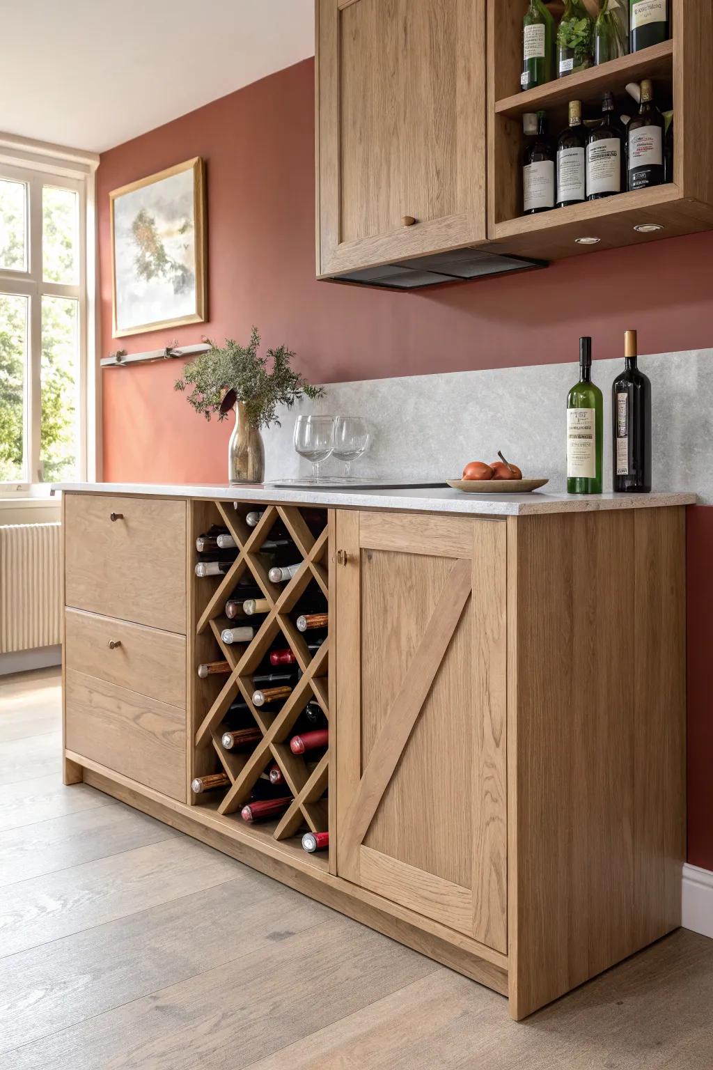 Turn the island’s dead side panel into an angled wine cabinet—clean, useful, and beautiful.