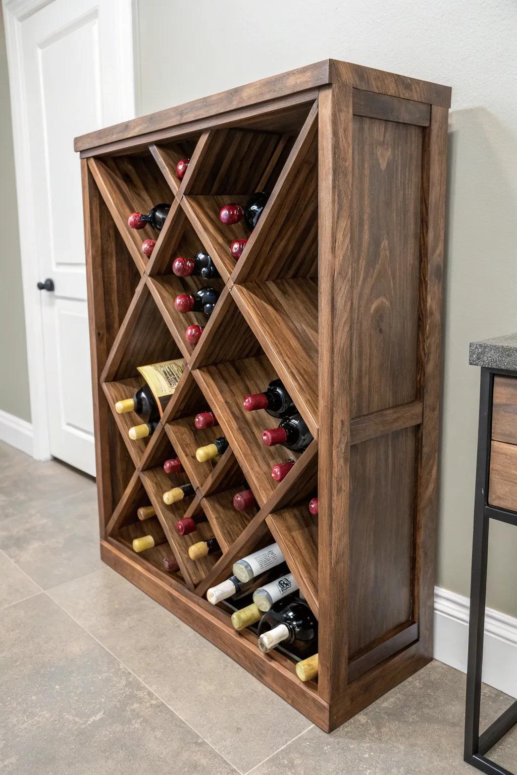 Handcrafted diamond-bin case storage—stack bottles fast, keep your basement cellar beautiful.