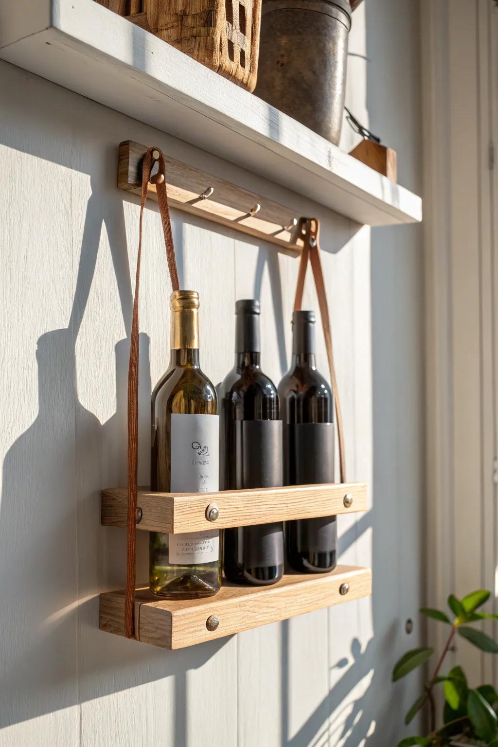 Sleek under-shelf wine rack in oak—space-saving, cozy bar vibes with minimalist style.