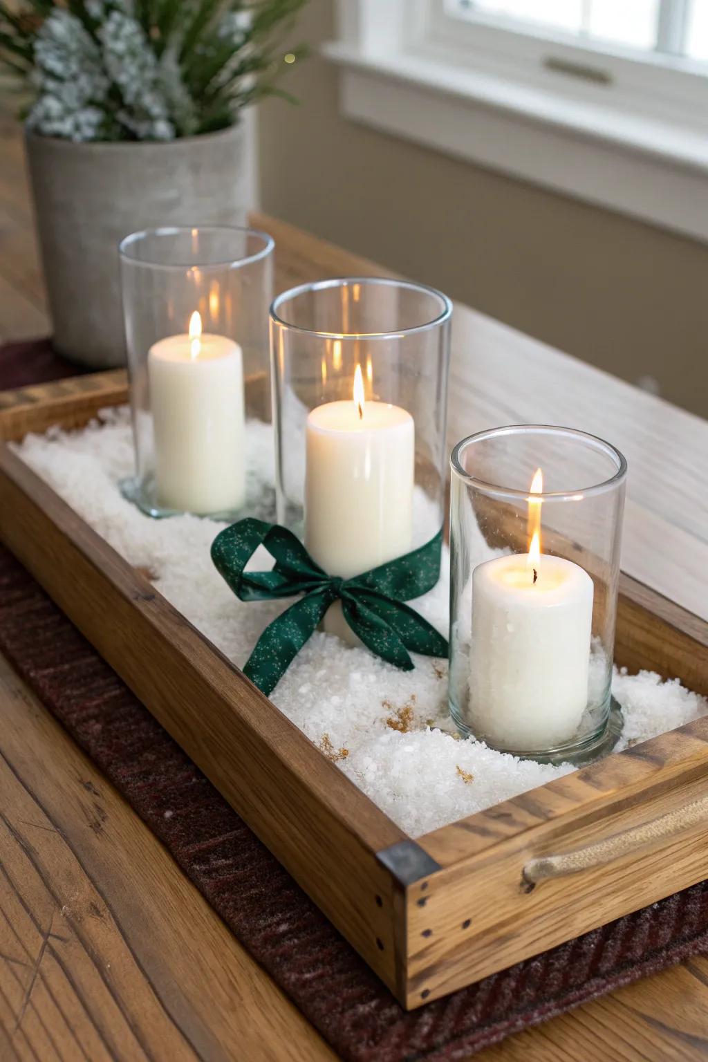 Glass hurricanes on a reclaimed wood tray with faux snow - minimal winter glow, cozy contrast.