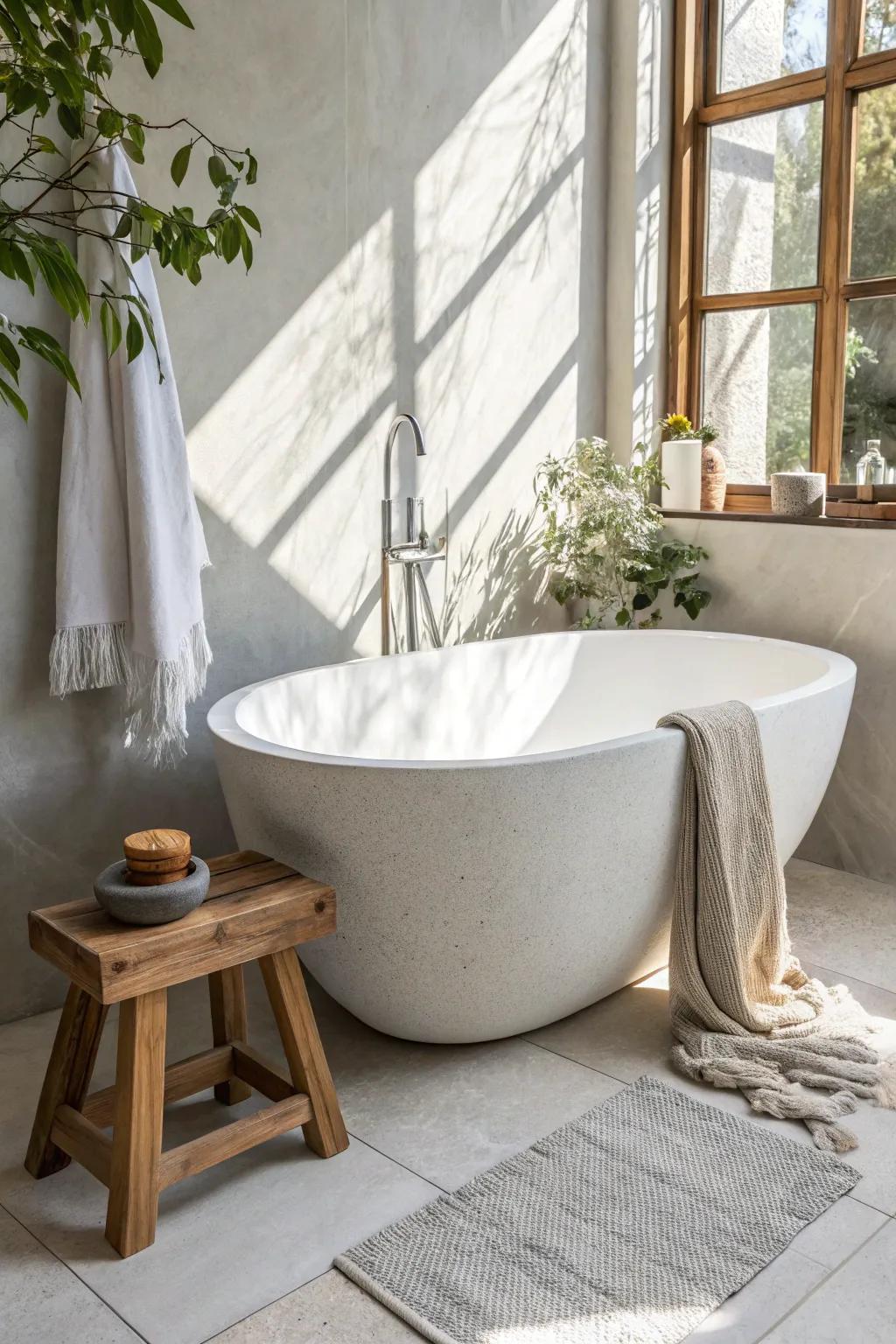 Freestanding white tub in a stone surround with a cedar stool—minimal spa warmth with contrast.
