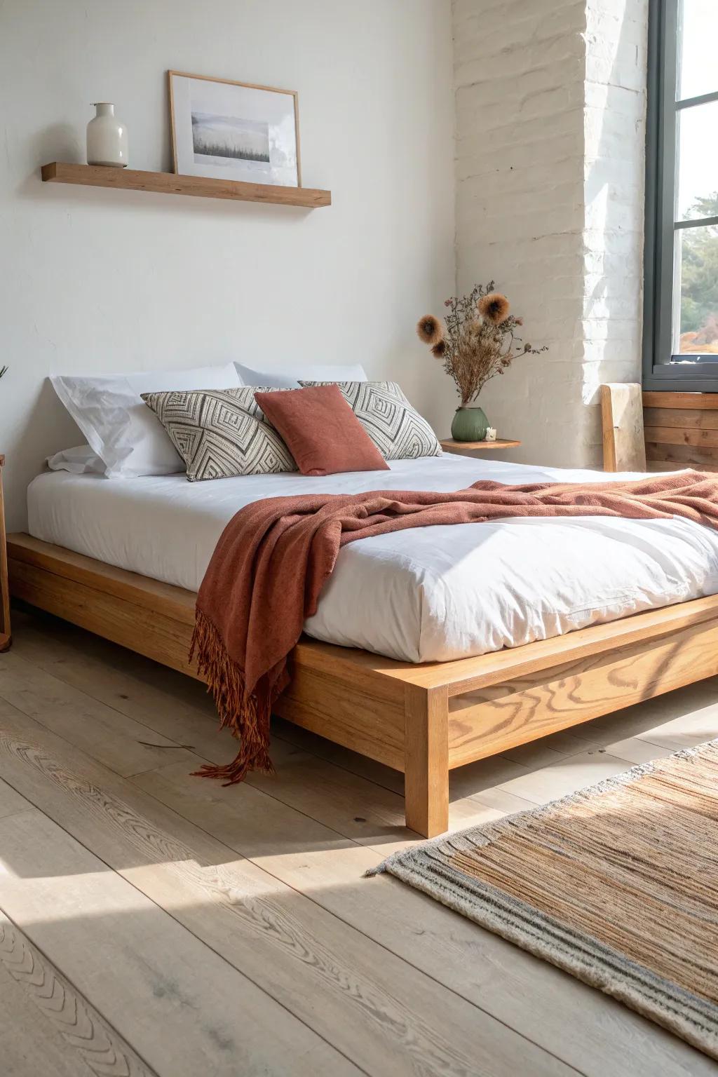 Light oak floating platform bed with a recessed base—clean lines, bold shadows, modern calm.