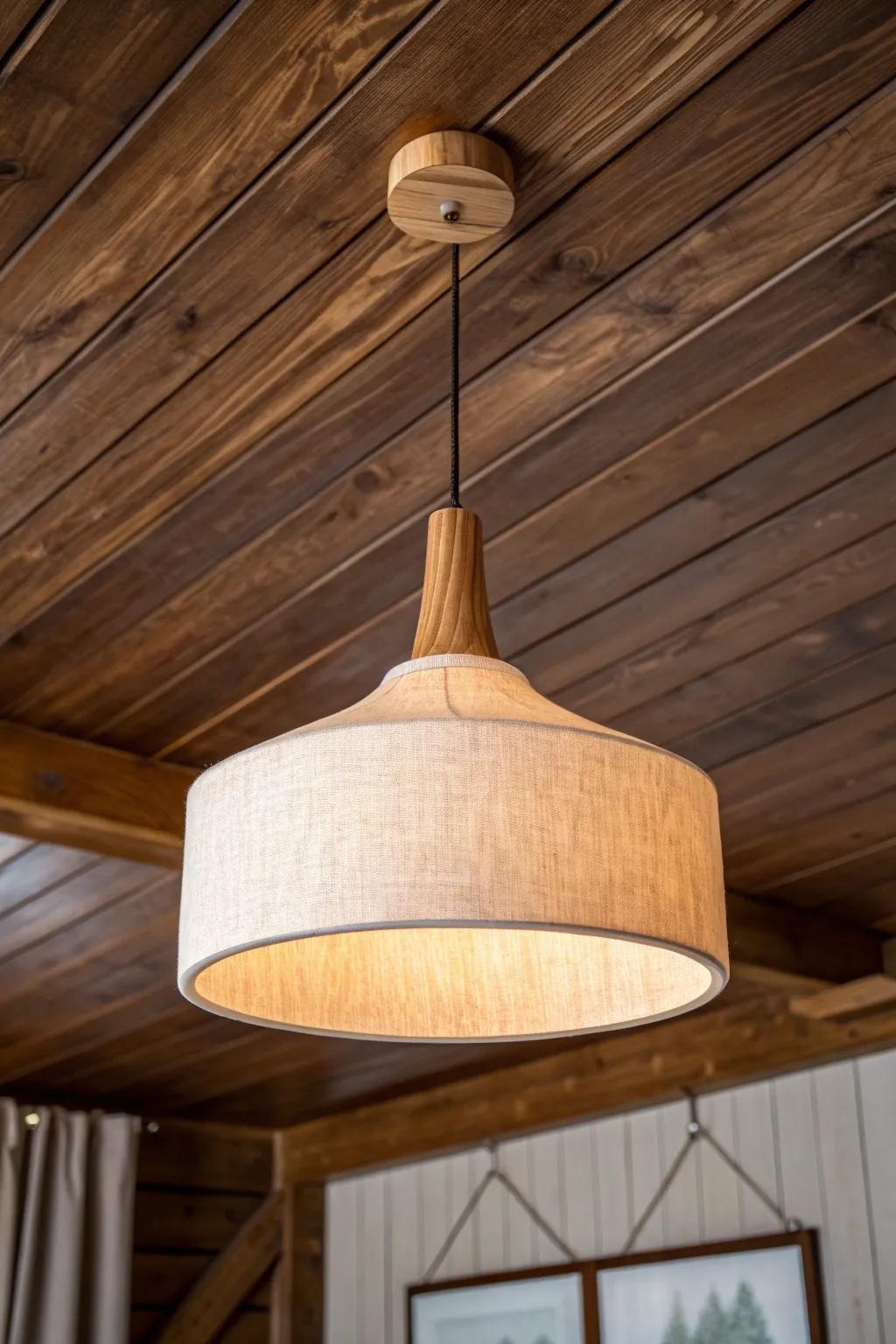 Light oak pendant + linen shade: the easiest way to lift a dark stained wood ceiling.