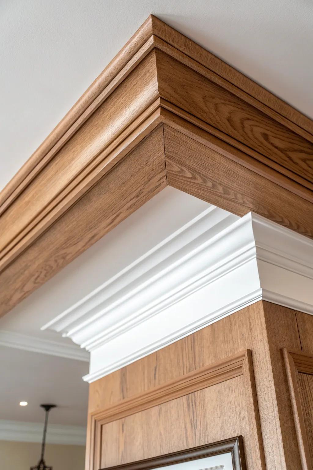 Layered oak trim adds a rich stepped frame to a tray ceiling—simple, modern, striking.