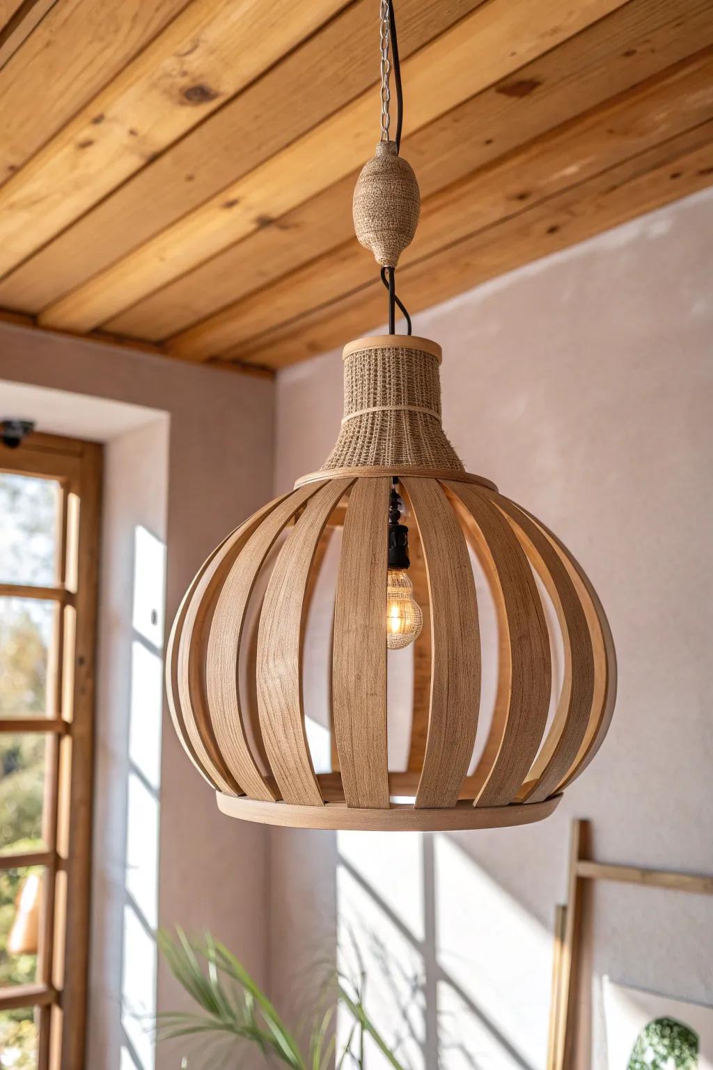 Dusty blush walls make a wood ceiling feel richer—soft, modern rustic with calm contrast.