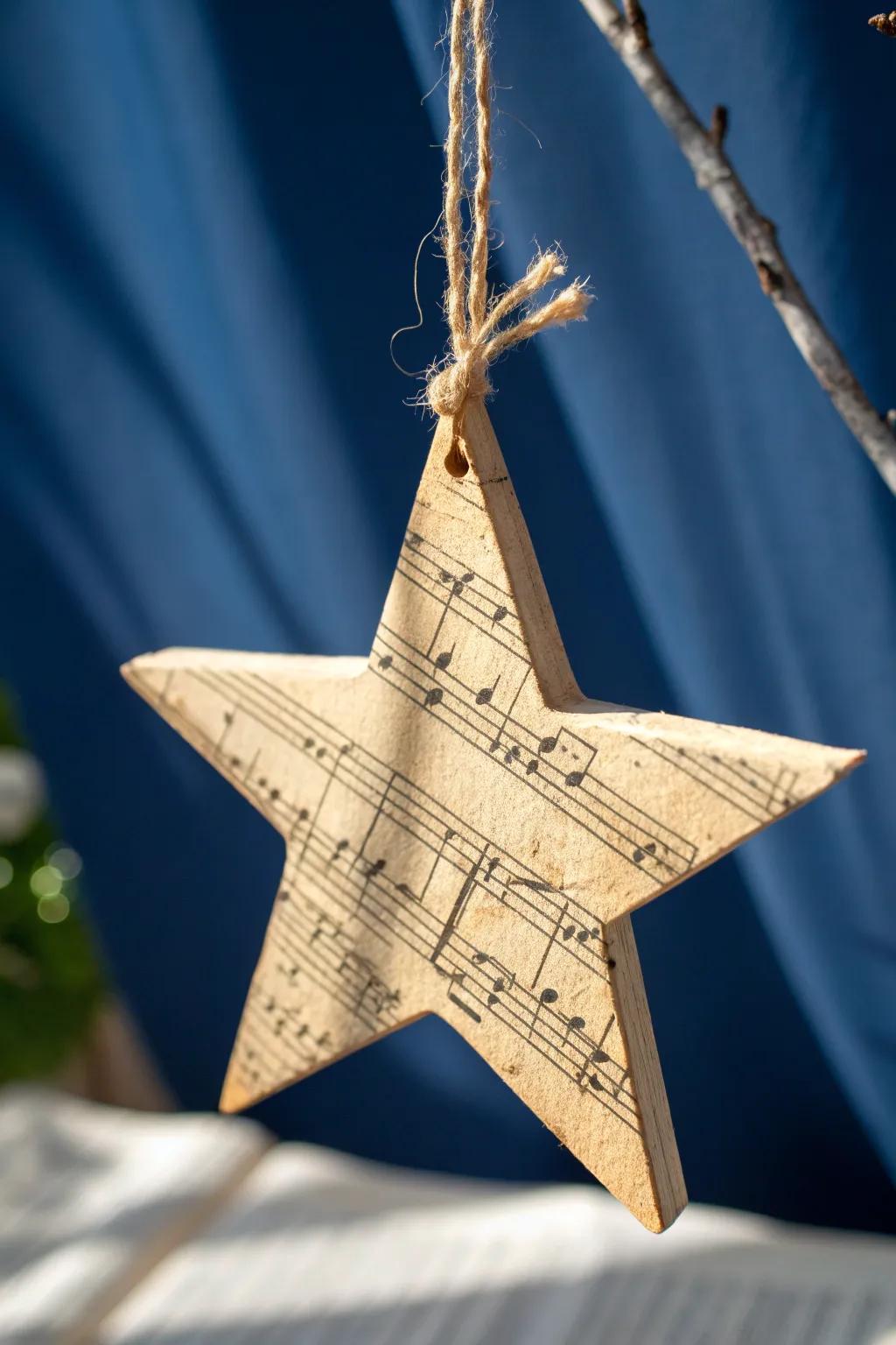Sheet-music decoupage star ornament: rustic torn edges, warm wood grain, vintage charm.