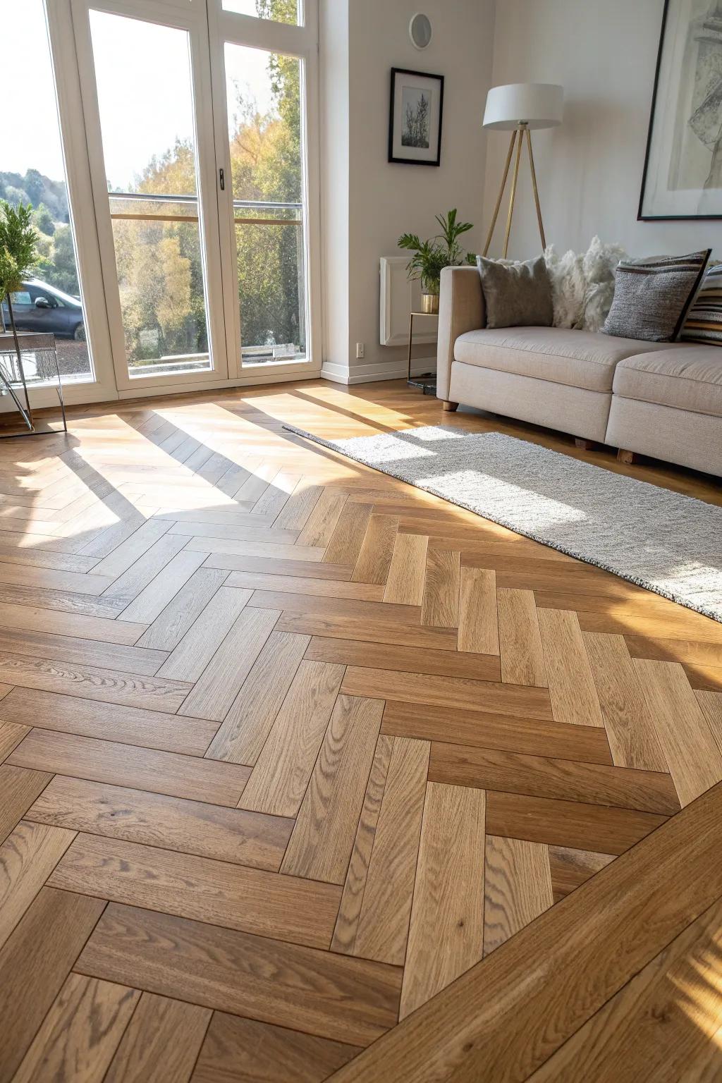 Chevron wood floors add modern movement—pair with a solid rug so the angles shine.
