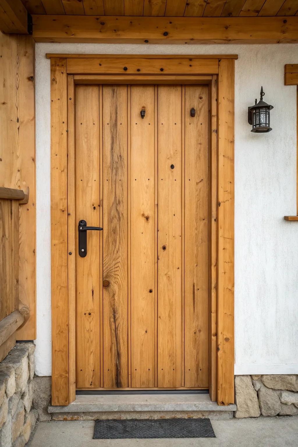 Rustic knotty wood front door idea—celebrate every knot, streak, and warm natural grain.