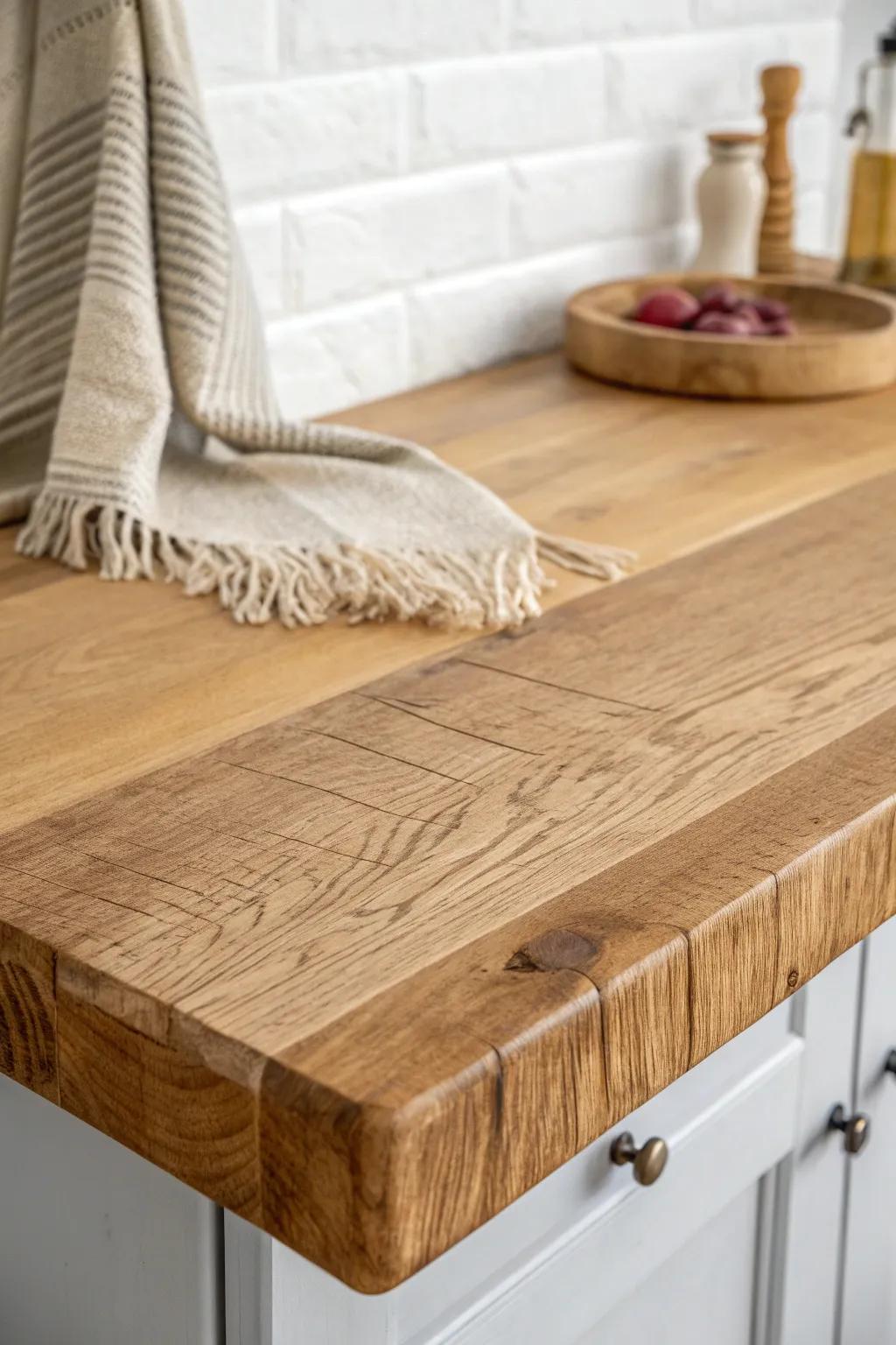Rustic saw-marked wood countertop: tactile grooves, matte seal, cabin-meets-modern contrast.