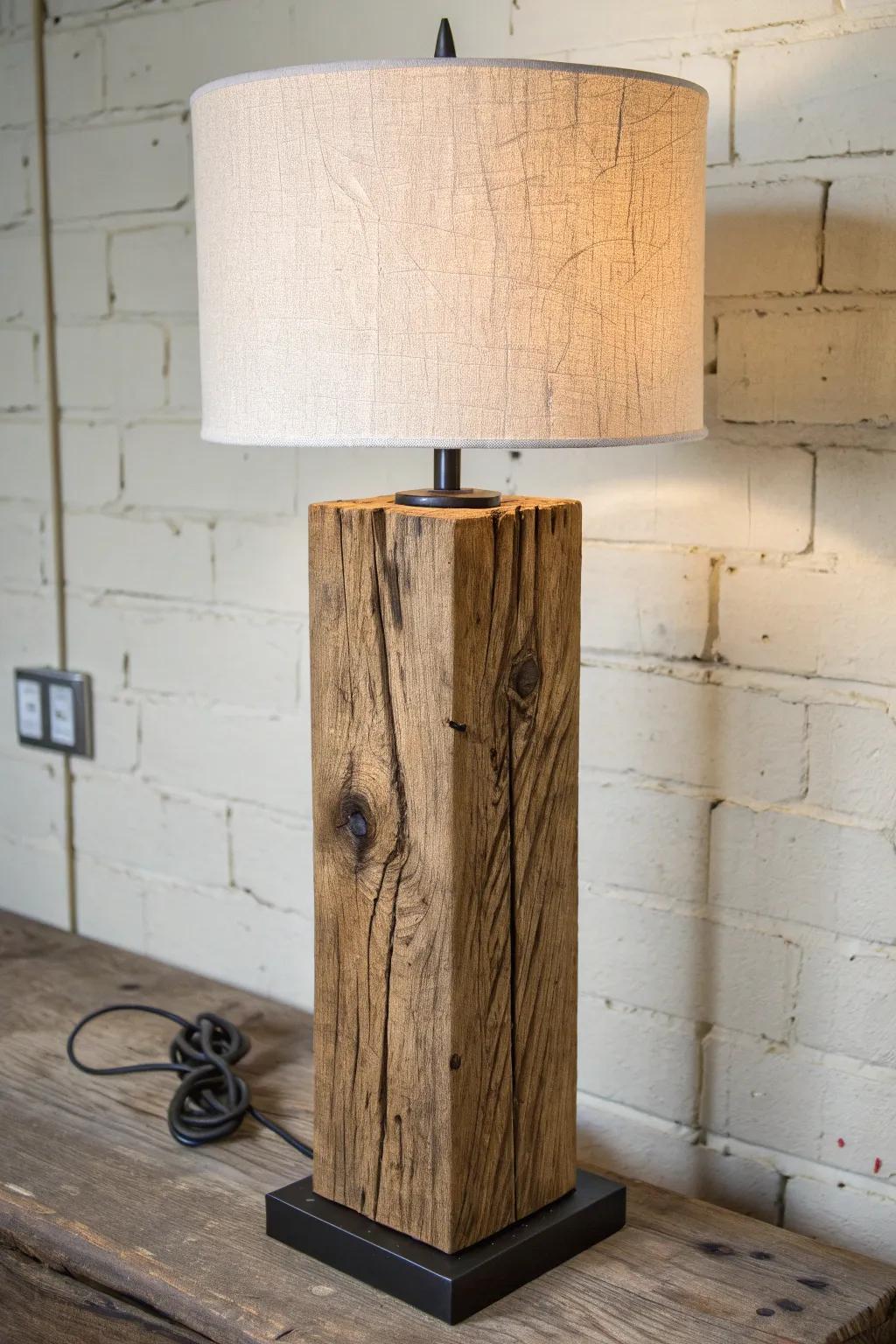 Reclaimed beam lamp with sleek black metal accents—warm wood meets modern minimalism.