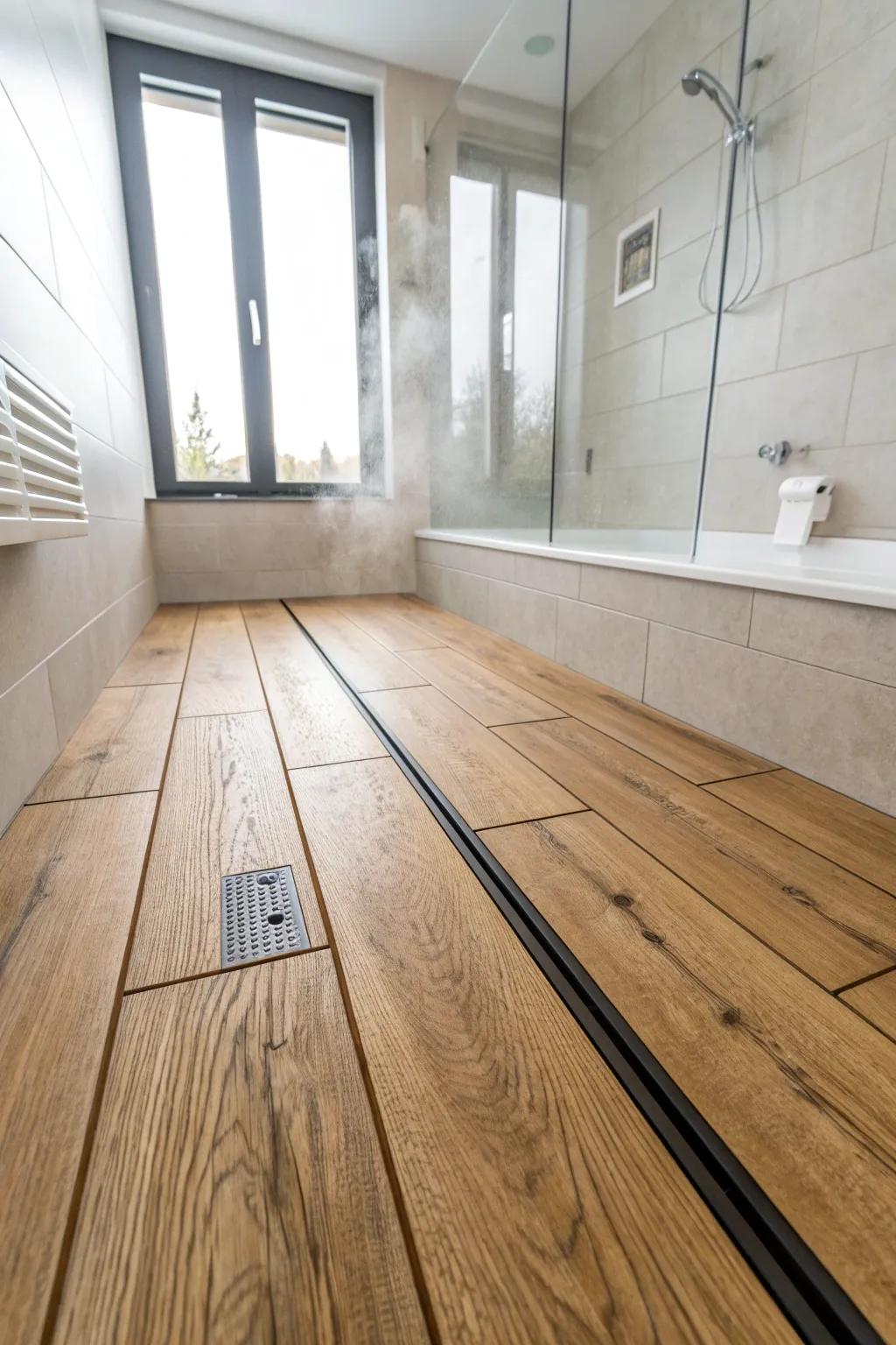 Seamless wood-look tile flows into a curbless shower for a bigger, spa-like bathroom.