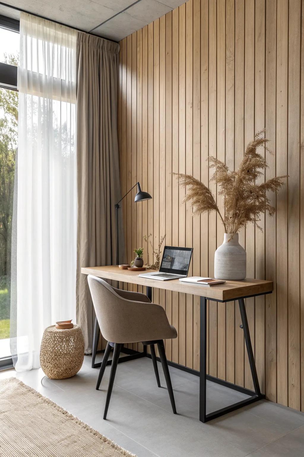 A floating desk on a slatted wood wall—minimal, airy, and beautifully crafted.