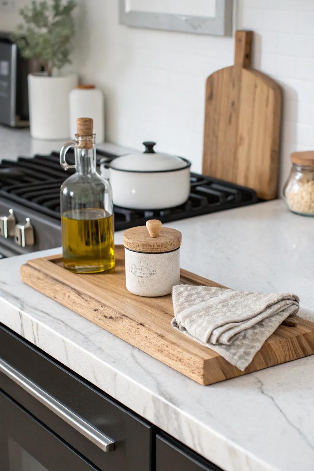 A slim reclaimed-wood riser keeps salt and olive oil tidy—pretty, practical, and cozy.