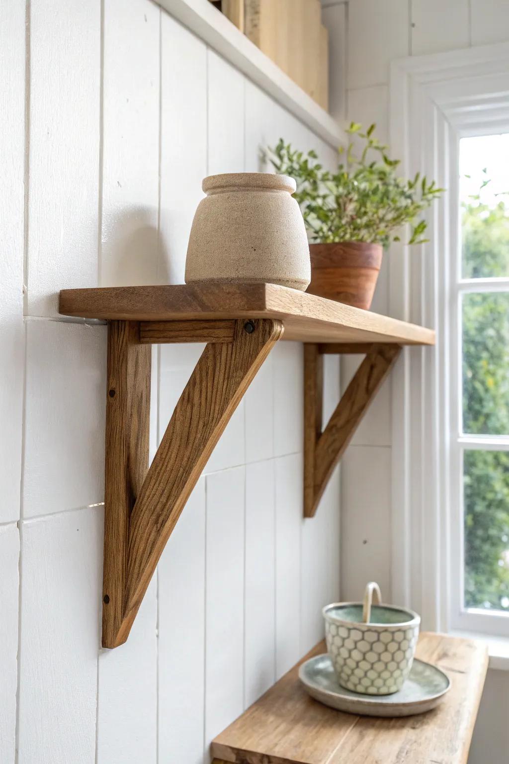 A stubby wood corner bracket that turns dead space into a clean, cozy display nook.
