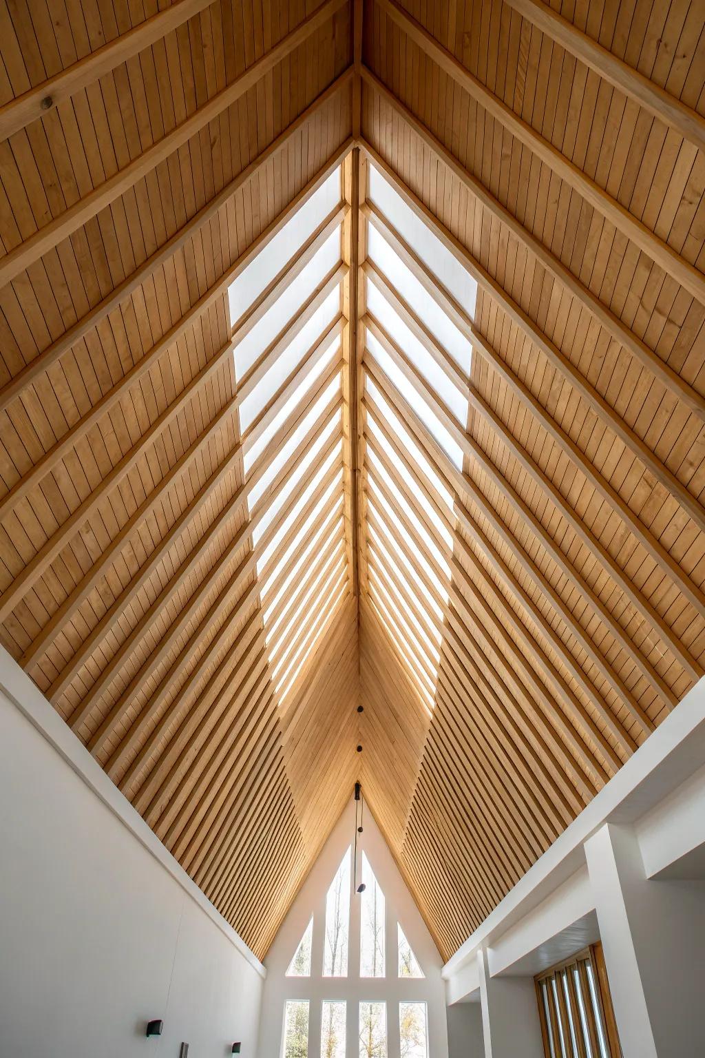 Oak slats climbing the vault to the peak—clean Scandinavian lines with cozy cabin warmth.