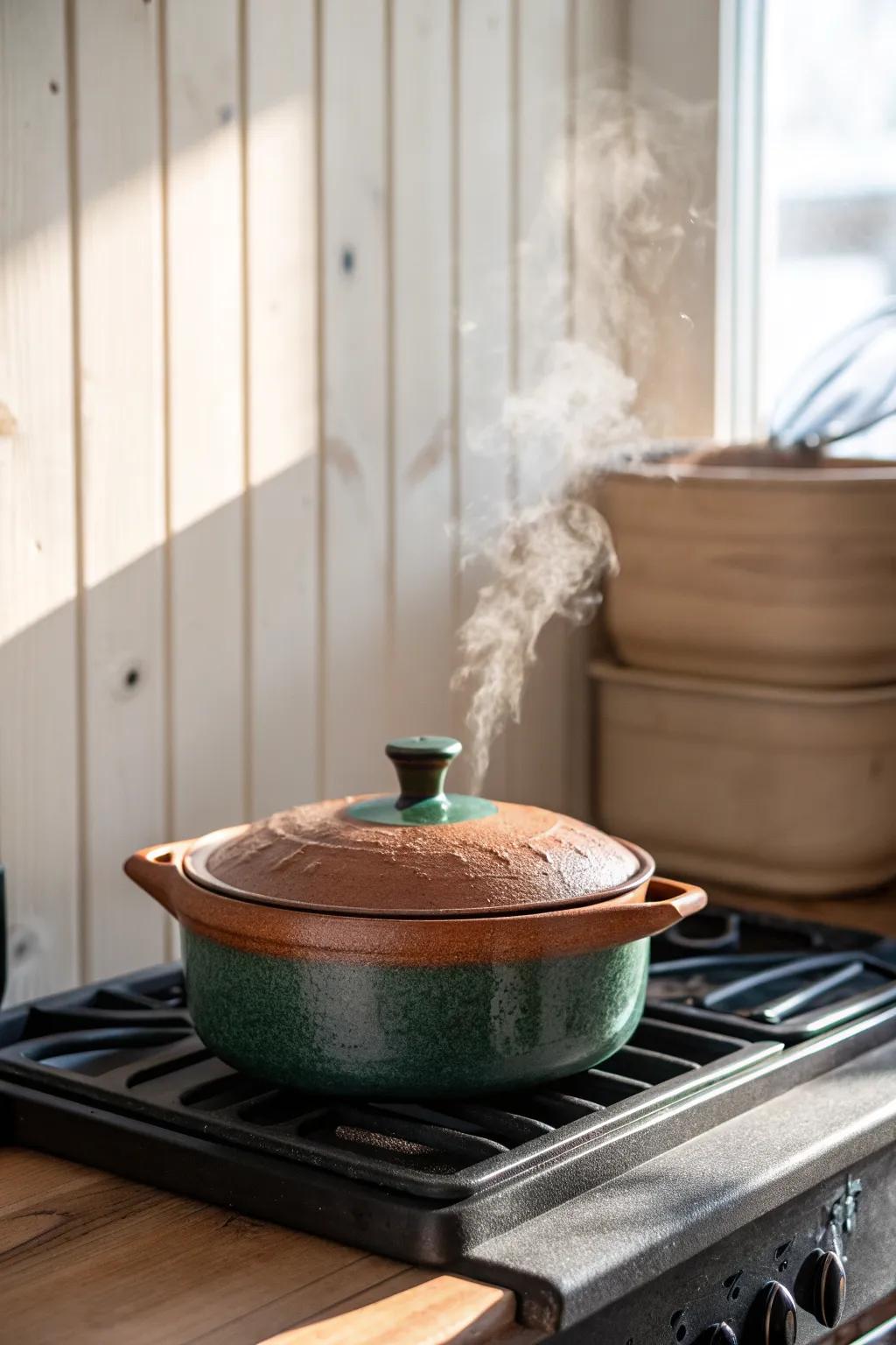 A lidded steamer pot on the stove—contained, calm humidity with artisan warmth and style.