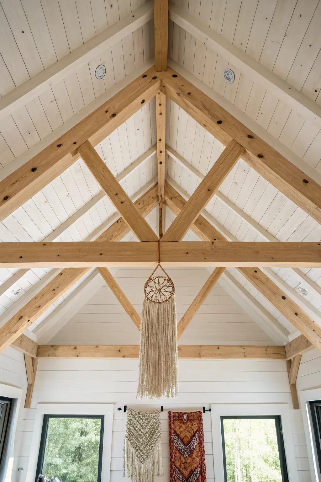 A bold king post truss turns a wood vaulted ceiling into a clean, symmetrical showpiece.