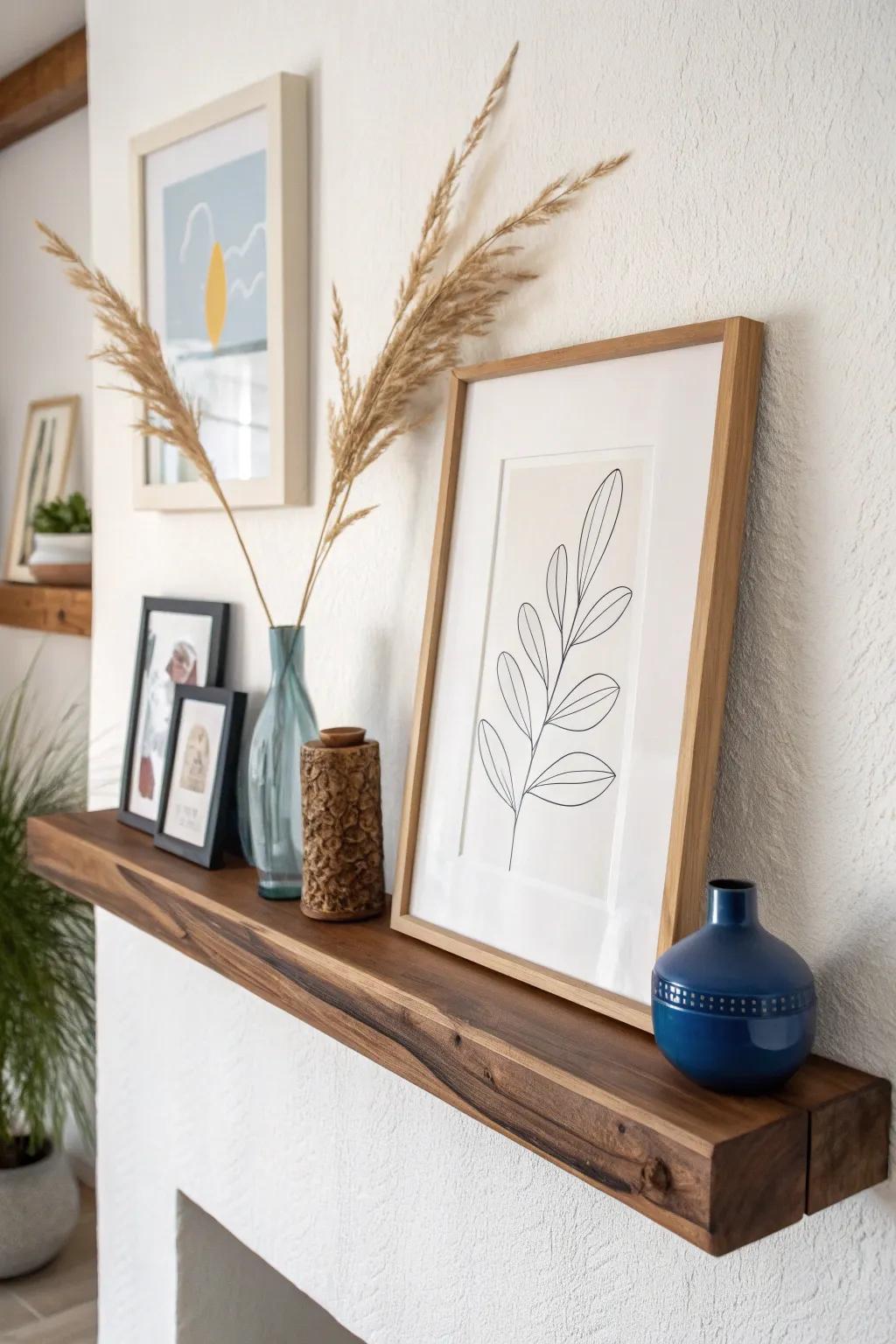 Slim live-edge picture ledge that floats effortlessly—swap prints and boho accents anytime.