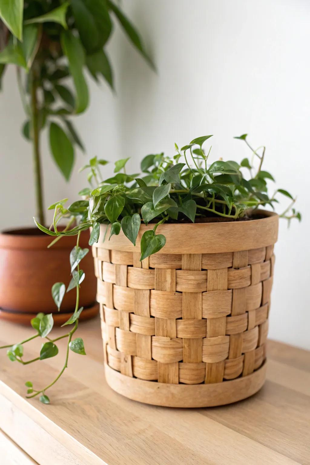 Woven wood basket planter sleeve: the no-drainage, high-style way to soften shelves with green.