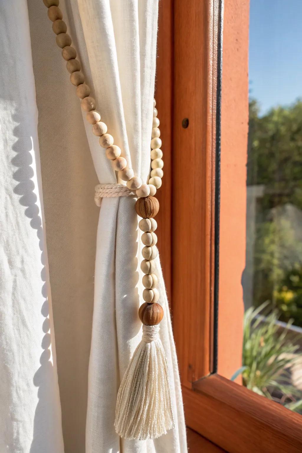 DIY wooden bead curtain tieback—simple, warm, and farmhouse-cozy with a clean Scandi look.